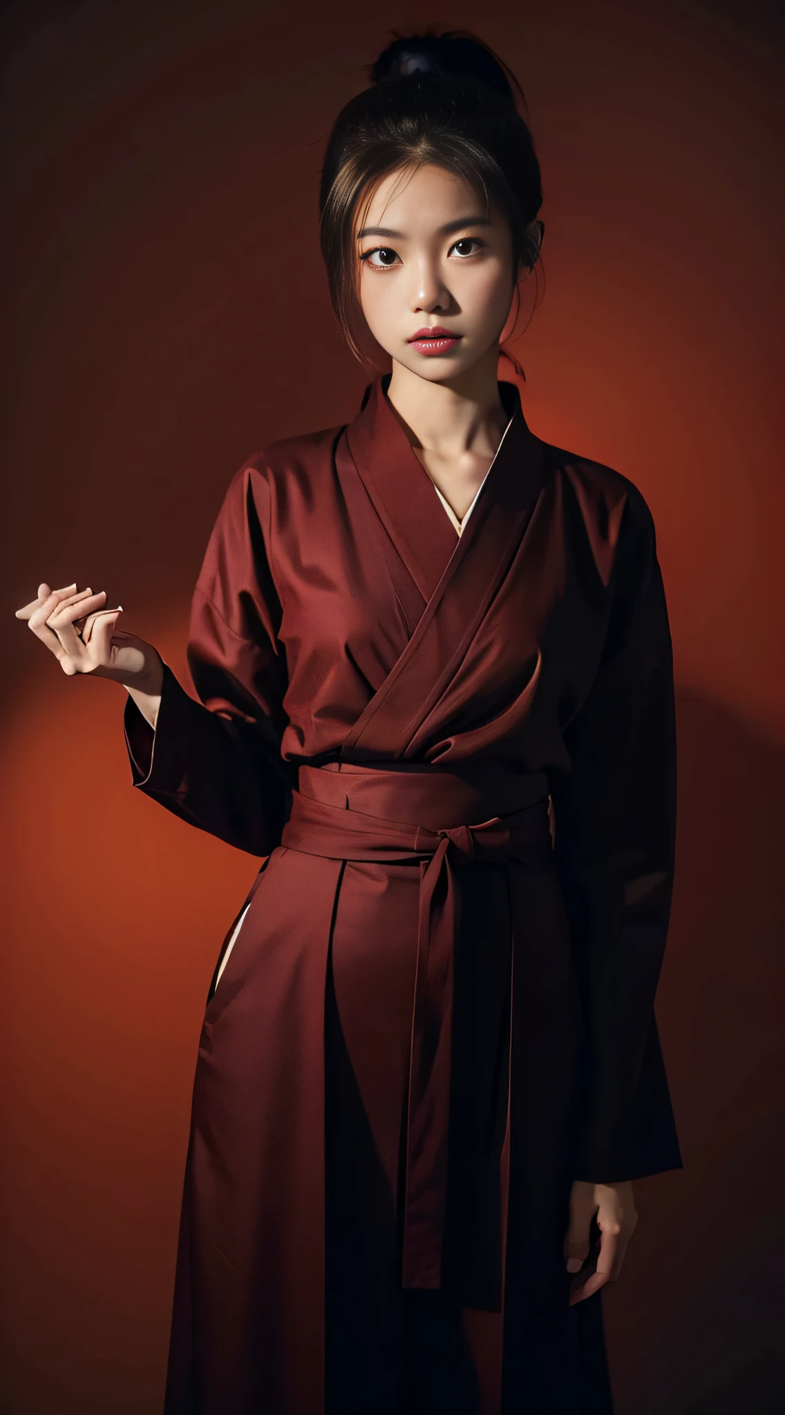 (masterpiece, best quality:1.2), solo, 1girl, erza scarlet, serious, looking at viewer, holding, katanaonehand, hair over one eye, ponytail, japanese clothes, sarashi, red hakama