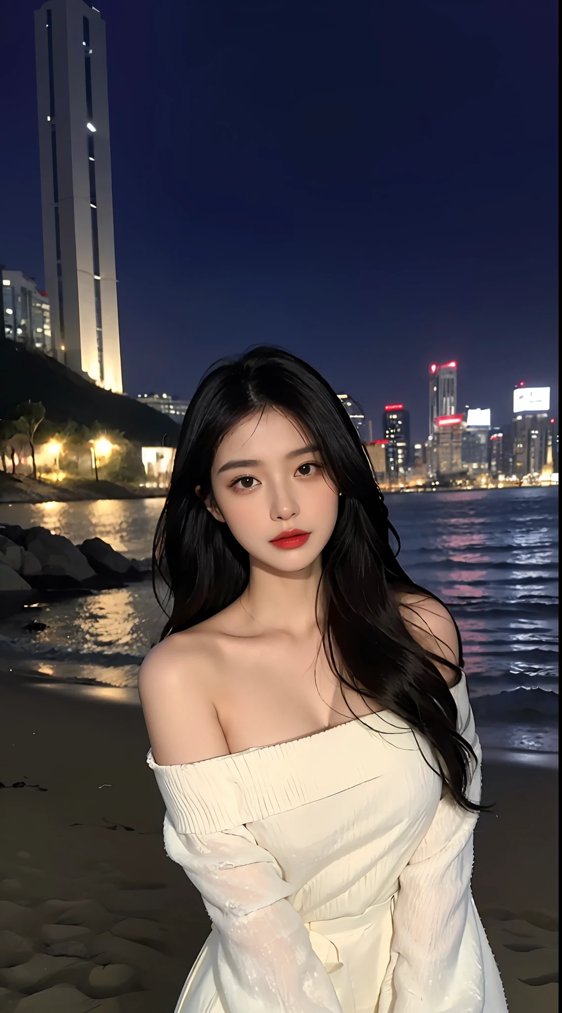 facing at camera，face to the viewer，standing on your feet，High picture quality，Works of masters，Kizi，Black hair，Long hair shawl，Long hair flowing over the shoulders，cropped shoulders，鎖骨，exquisite face，Hydrated red lips，white off shoulder dress clothes，鎖骨，facing at camera，A sad expression，Bust，Real Persono，（the sea，sandbeach），CG rendering，16k，Stand up，The night view was beautiful，A sad parting，hyper HD，The details were perfect，The picture is real，Extreme picture quality，Highest accuracy，8K resolution，Shades of darkness，8K, Yes ,Ultra HD,8K