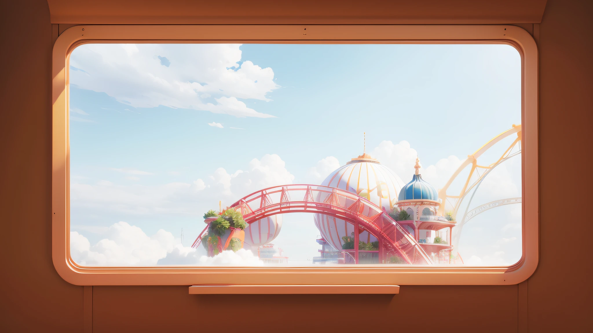 janelas，roller coasters，Sky gardens，Airbus，​​clouds，3Drenderingof,Dopamine mood heaven，Summer carnival style，Premium texture，high-class details，Studio lights