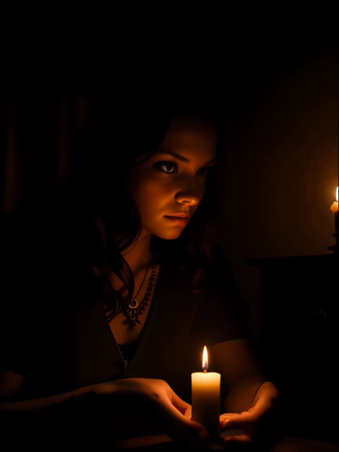 A woman performs a mysterious ritual with candles and a mirror. Symbols drawn around the mirror, Smoke rises. The woman&#39;s expression changes to one of panic.