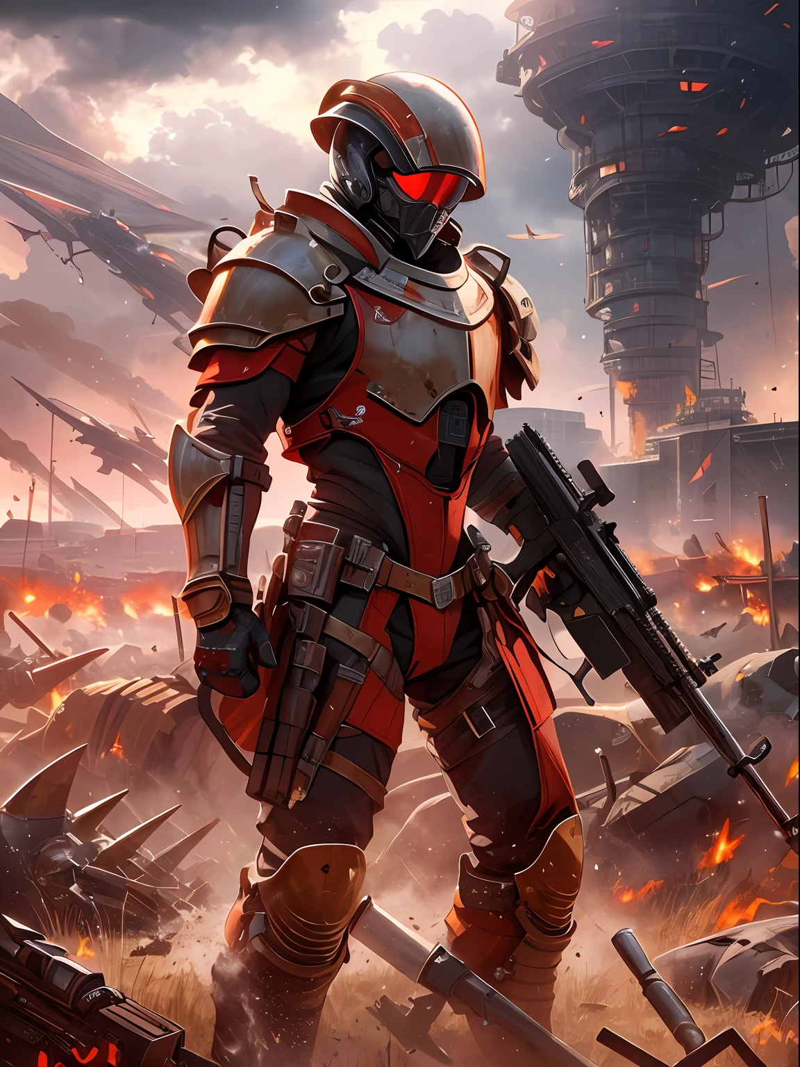Future Battlefield, Alien Civilization War, Gunsmoke fills, A red flag was planted on a small mound, A soldier in armor, full armour, The background is the army of the SA, The picture is stunning, Magnificent, Magnificent, in the style of futuristic, Ultra-wide angle, Masterpiece, ccurate, Anatomically correct, Super detail, Award-Awarded