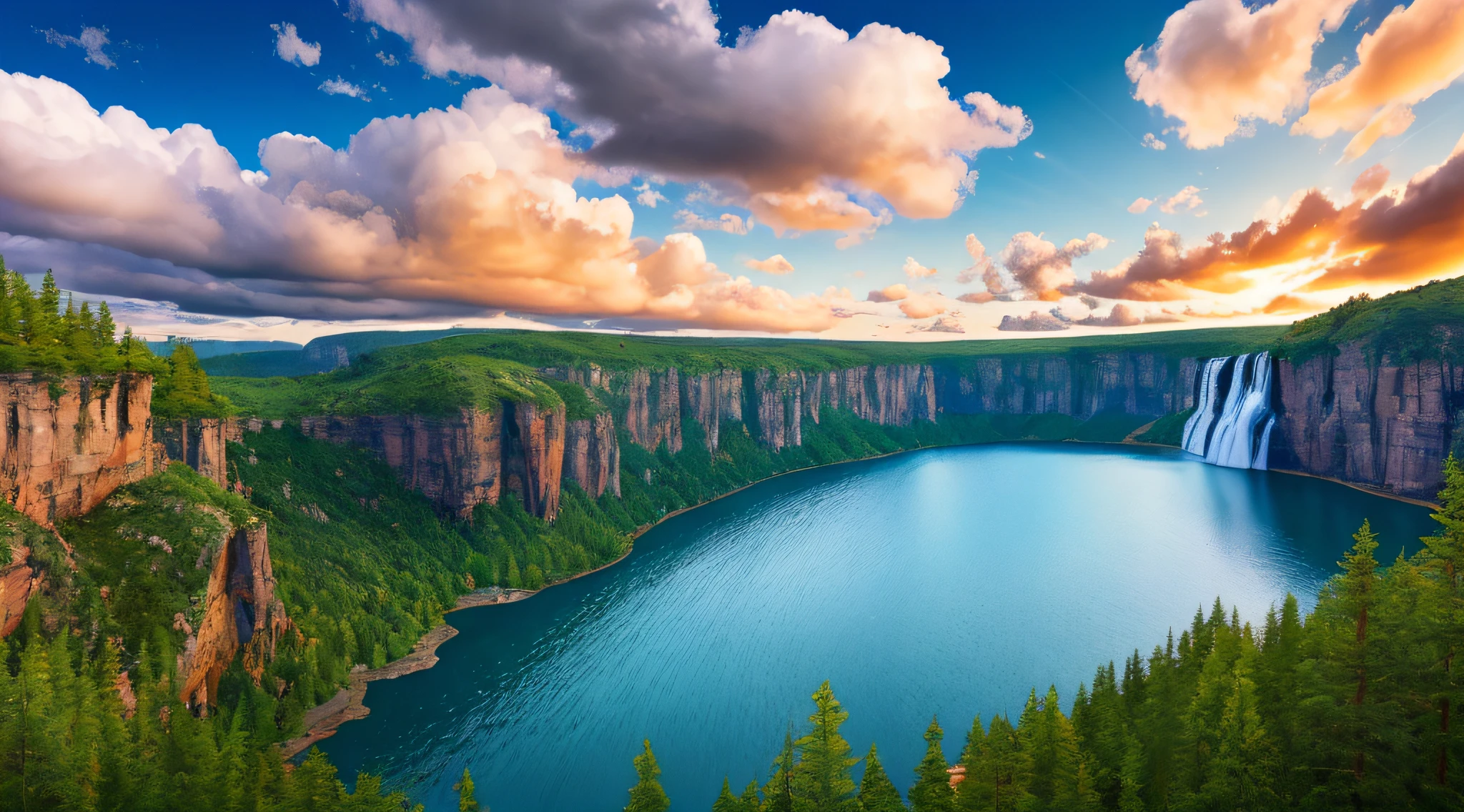 Masterpiece, best quality, high quality, extremely detailed CG unity 8k wallpaper, landscape, outdoor, sky, clouds, sky, no humans, mountain, landscape, water, tree, blue sky, waterfall, cliff, nature, lake, river , cloudy skies, award winning photography, bokeh, depth of field, HDR, bloom, chromatic aberration, photorealism, very detailed, trending on artstation, trending on CGsociety, intricate, high detail, dramatic, half way art