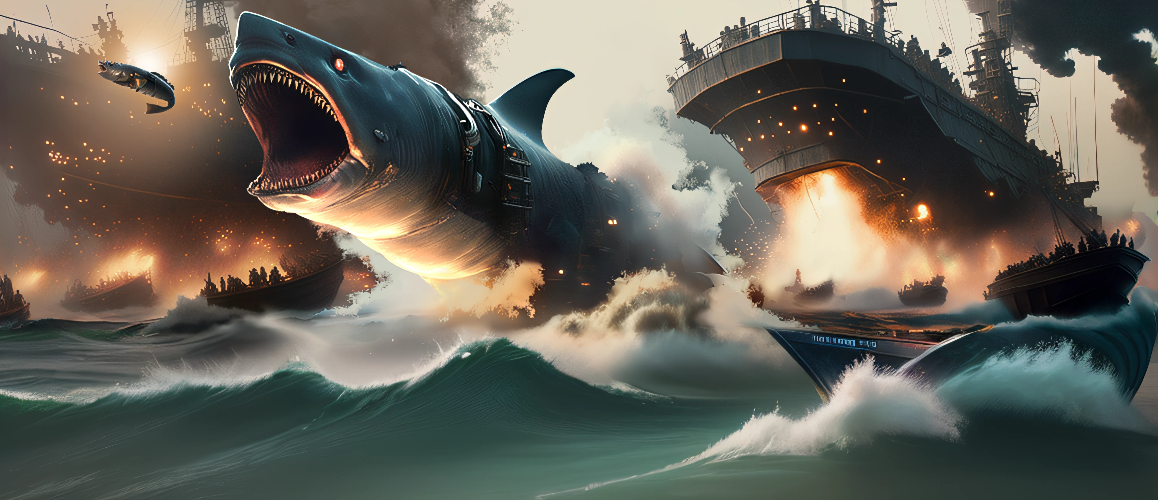 There are two boats in the water with a shark coming out of it., Matte painting of steam engines, Artes conceptuales, Concept art for films, Arte de renderizado 3D de Rolands Zilvinski, epic fantasy sci fi illustration, Epic digital concept art, Arte conceptual galardonado, por Ludwik Konarzewski Jr, dramatic concept art, 3 d epic illustrations
