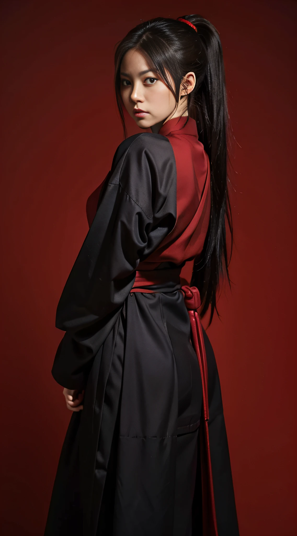 (masterpiece, best quality:1.2), solo, 1girl, erza scarlet, serious, looking at viewer, holding, katanaonehand, hair over one eye, ponytail, japanese clothes, sarashi, red hakama