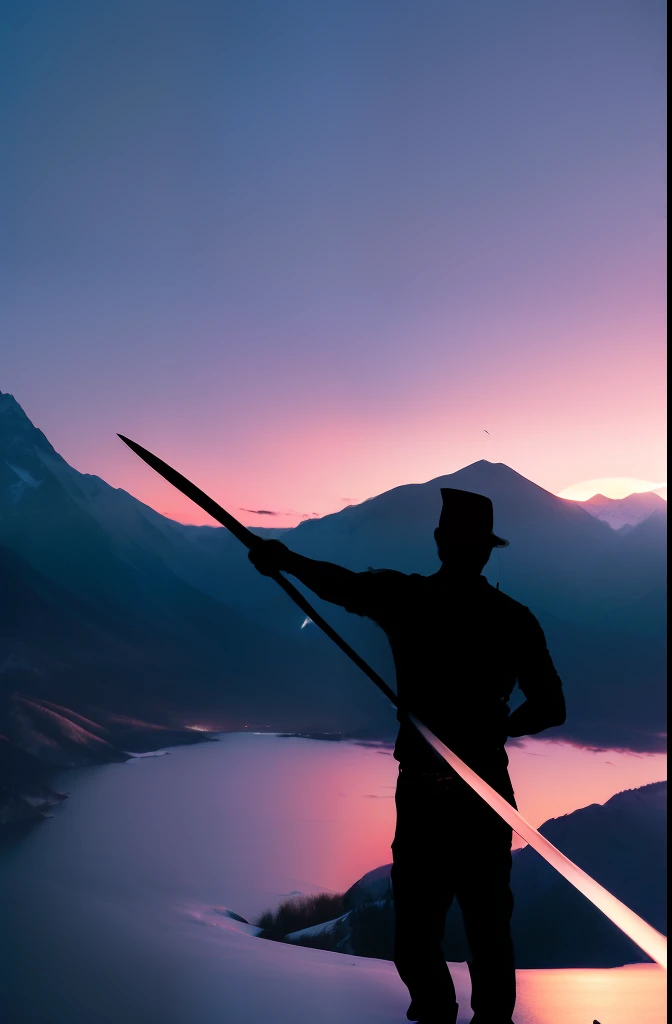 ((Mountain_range:1.2)),((Dusk_sky:1.3)),((Silhouetted_figure:1.4)),((Man_invested_with_a_sword:1.3)),((Woman_leaving:1.2)),((Emotional_exchange)),((Tears_in_eyes:1.4)),((Parting_moment)),((Promising_to_reunite))