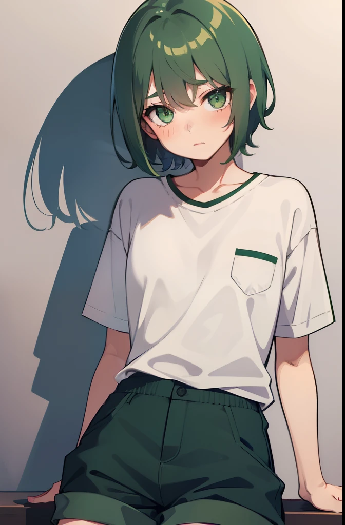1 girl that looks like a tomboy, green hair and green eye, short shirt, shorts pants, blushing, arm resting on guy chest,