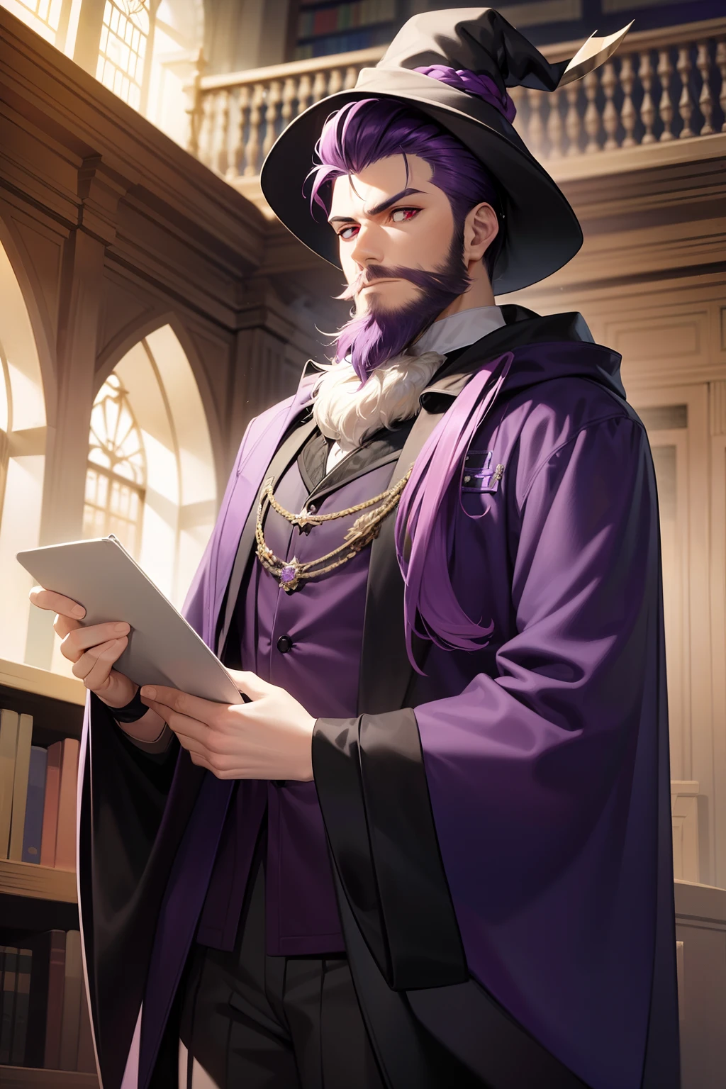 Masterpiece, 1man, young, Purple hair, purple beard, looking at camera, red eyes, wizard, dark black cloak, black wizard hat, library interior, ink drawing