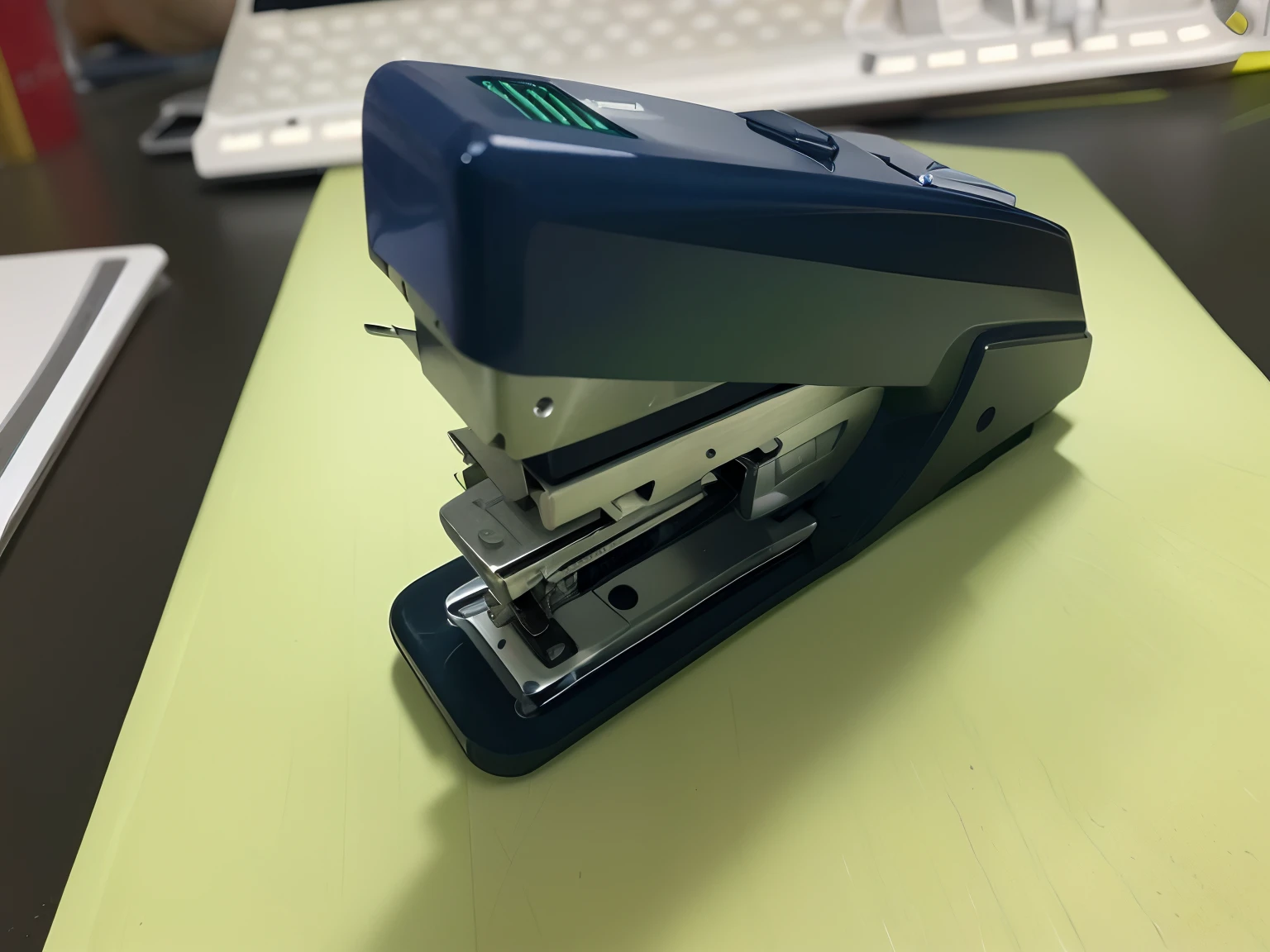 Stapler chassis-shaped cutter on table, Rob Schneider is the stapler, a wide full shot, the sideview, side - view, mid view, detailed wide shot, Very detailed,very sharp and detailed photo, bottom angles, Ultra-detailed and ultra-clear, very sharp and detailed image, Side view, front side full。