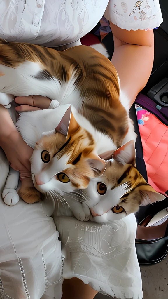 There is a cat sitting on a woman's lap, adult pair of twins, Two cats, two headed cat, cat female with a whit and chest, taken with sony alpha 9, Cute cats, two male, taken with the best dlsr camera, cute furry needs your help, with small cat on lap, Glaring at the camera, Ready to eat