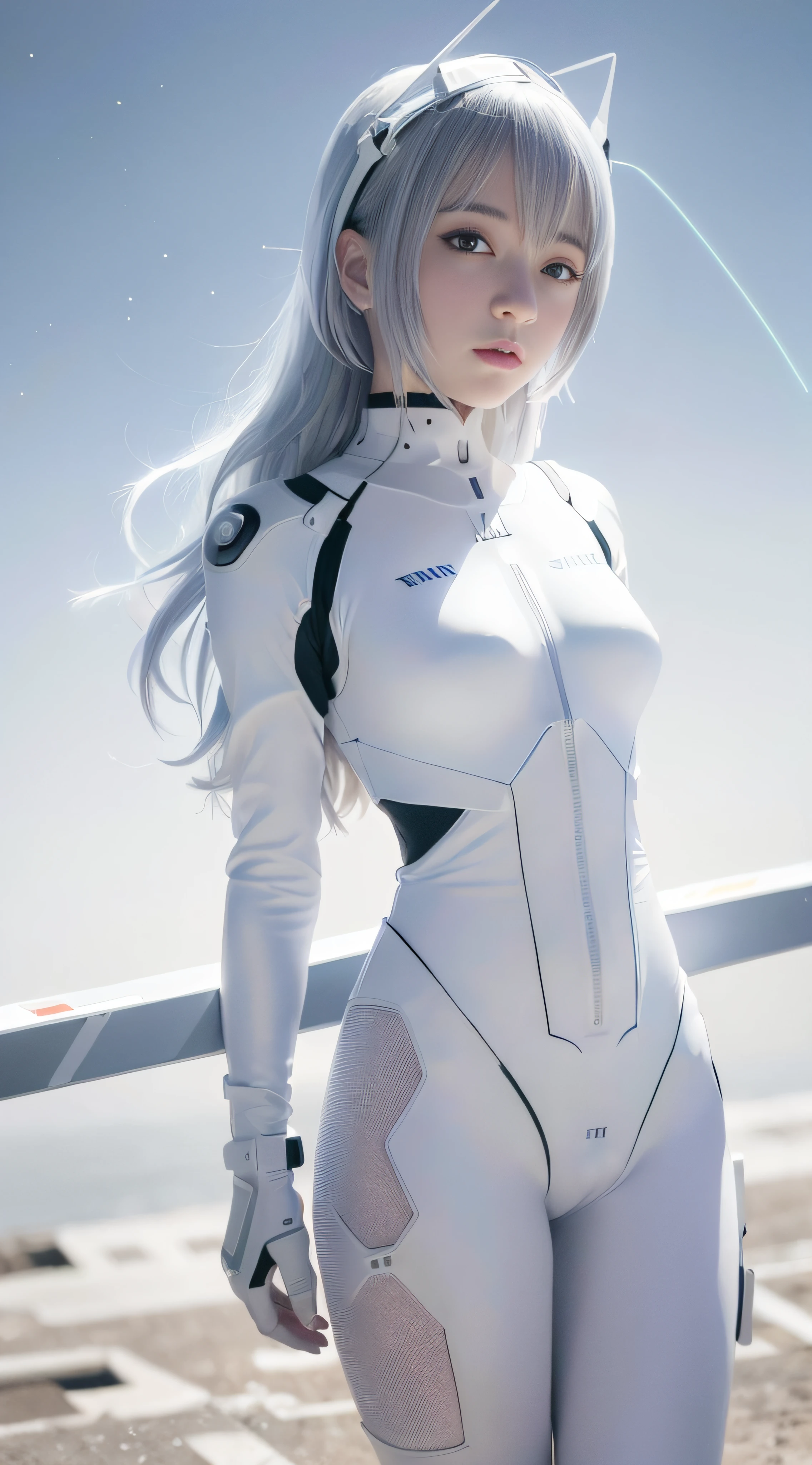 (8k, Best Quality, Masterpiece:1.2),High Definition,Masterpiece,Ultra Detail,Solo,1girl,(White Background:1.5),(Delicate Eyes),((White Hair)),Plugsuit, 1girl, star_\( sky\), short_hair, starry_sky, Bodysuit, ayanami_rei, Solo, night_sky, red_eyes, red_ background, boobs, white_bodysuit, pilot_suit, lance_of_longinus, bangs, light_particles, ((triangular psychosensory apparatus on both sides of the head)), souryuu_asuka_langley, taut_clothes, medium-breasted, bokeh, mechanical-like clothing, Small logo pattern on chest zero, red eyes