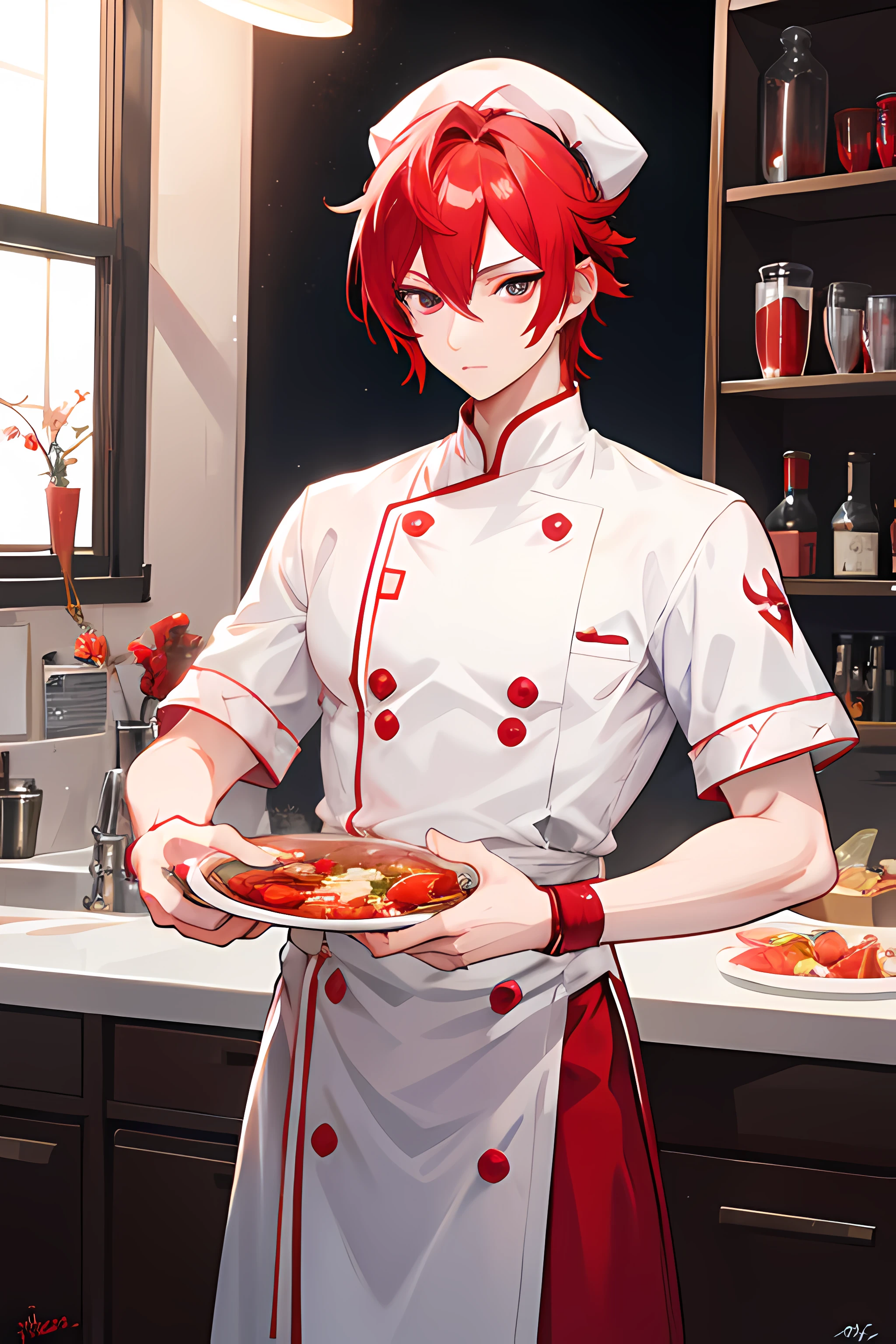 male avatar chef with red ruby hair wearing a white chef hat and diner uniform, heavily stylized, 4k digital art, anime moe art style, realistic art style, attractive anime boy, inspired by Kanbun Master, inspired by Reuben Tam