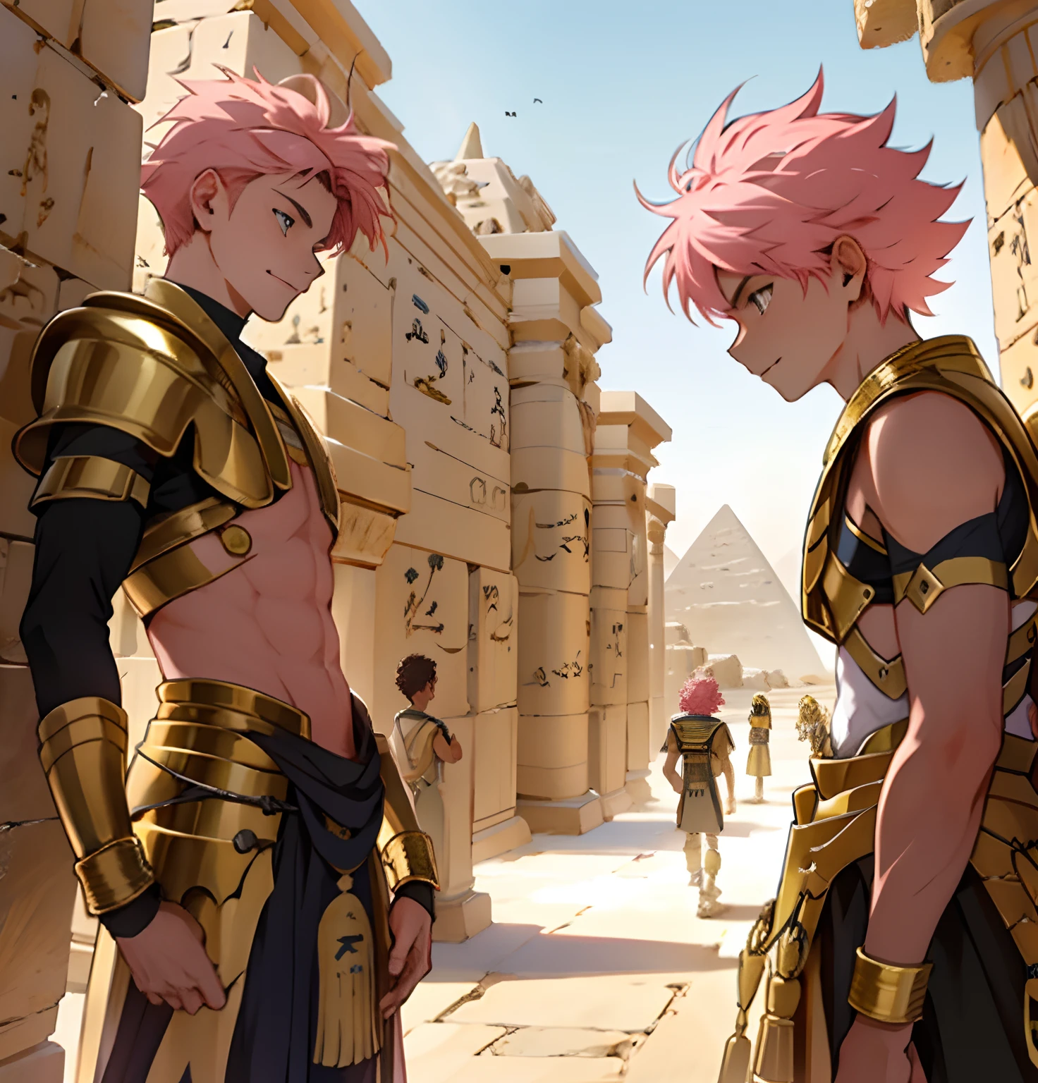 Several  boys and several 15-year-old in Egypt A 15-year-old boy with pink hair is a man who has honey-colored eyes in the background of ancient Egypt you can see the pyramids