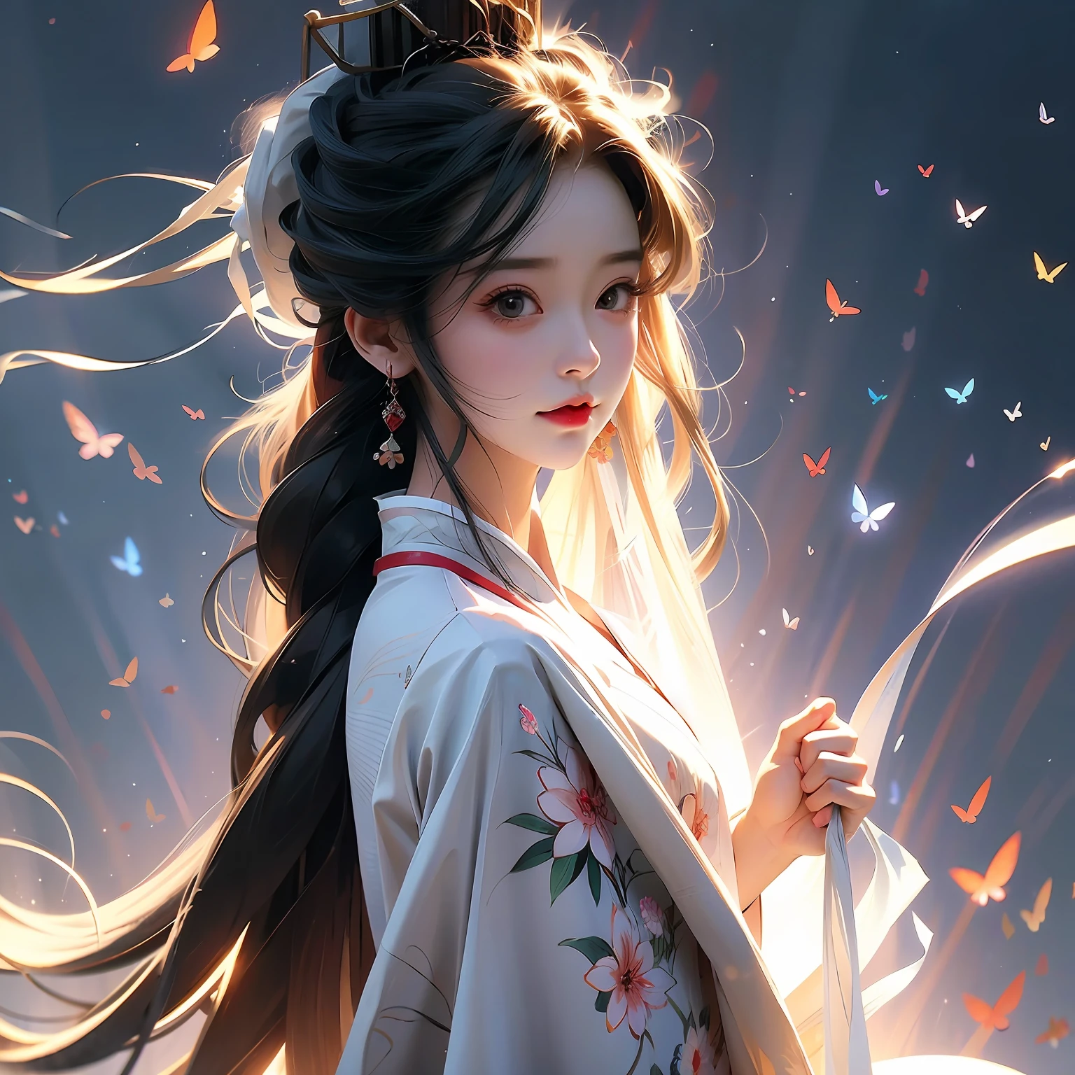 long whitr hair,Anime girl with white shirt and black hat, a beautiful anime portrait, Beautiful character painting, Guviz-style artwork, Guviz, Stunning anime face portrait, beautiful drawing style, Beautiful anime style, Beautiful anime girl, Chinese girl, traditional drawing style, Beautiful anime face, cute delicate face, Portrait of an anime girl,long skirt,The shirt,cleanness