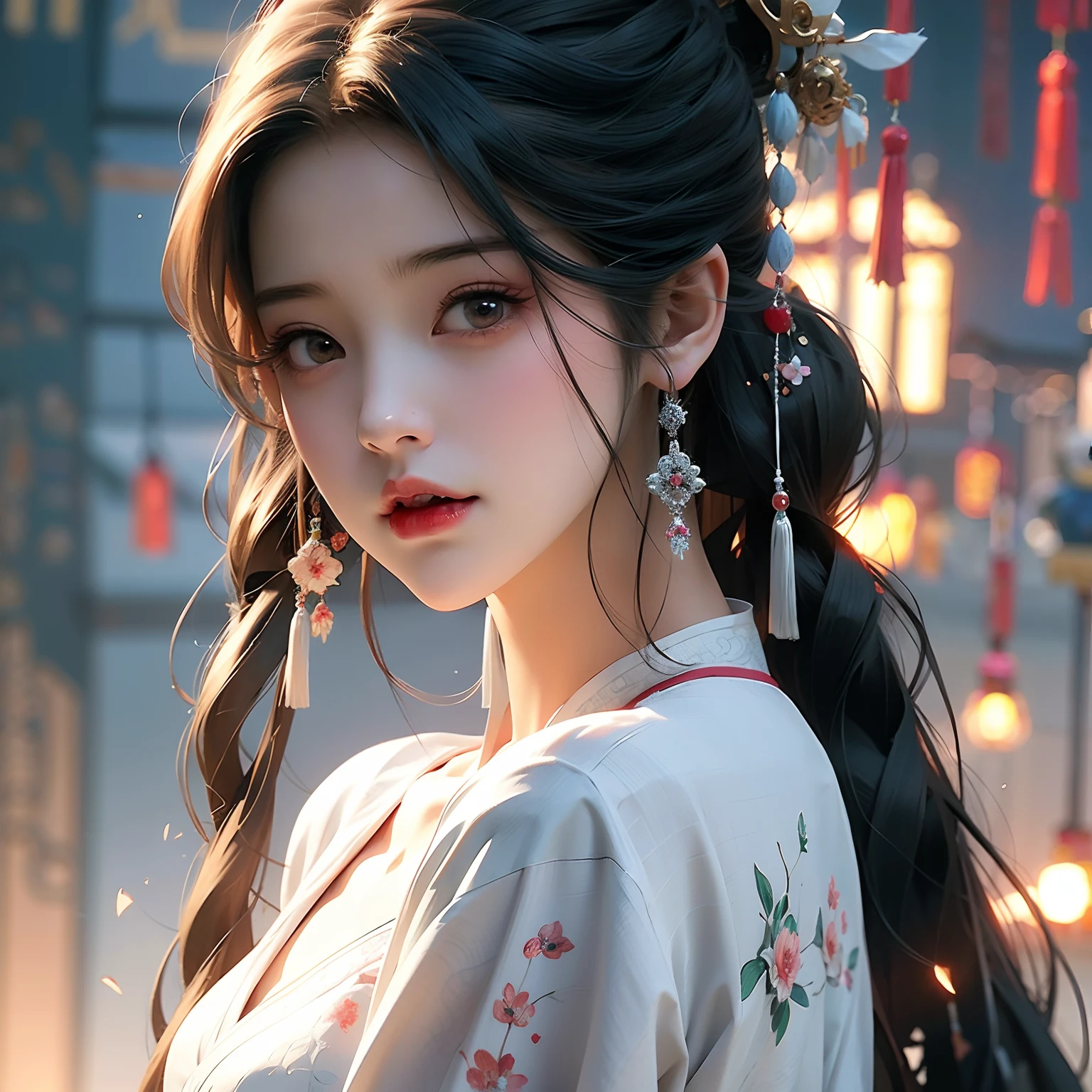 long whitr hair,Anime girl with white shirt and black hat, a beautiful anime portrait, Beautiful character painting, Guviz-style artwork, Guviz, Stunning anime face portrait, beautiful drawing style, Beautiful anime style, Beautiful anime girl, Chinese girl, traditional drawing style, Beautiful anime face, cute delicate face, Portrait of an anime girl,long skirt,The shirt,cleanness