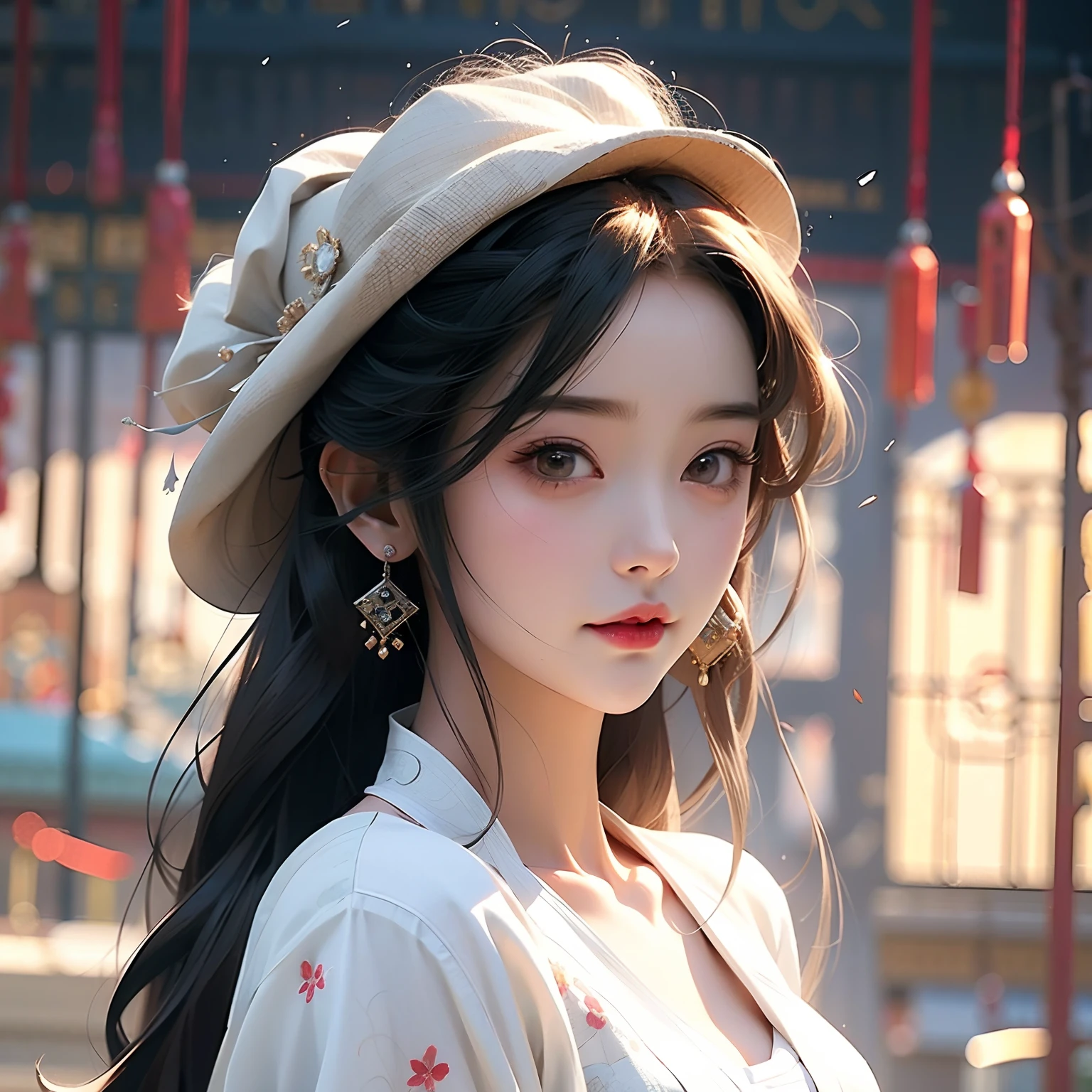 long whitr hair,Anime girl with white shirt and black hat, a beautiful anime portrait, Beautiful character painting, Guviz-style artwork, Guviz, Stunning anime face portrait, beautiful drawing style, Beautiful anime style, Beautiful anime girl, Chinese girl, traditional drawing style, Beautiful anime face, cute delicate face, Portrait of an anime girl,long skirt,The shirt,cleanness