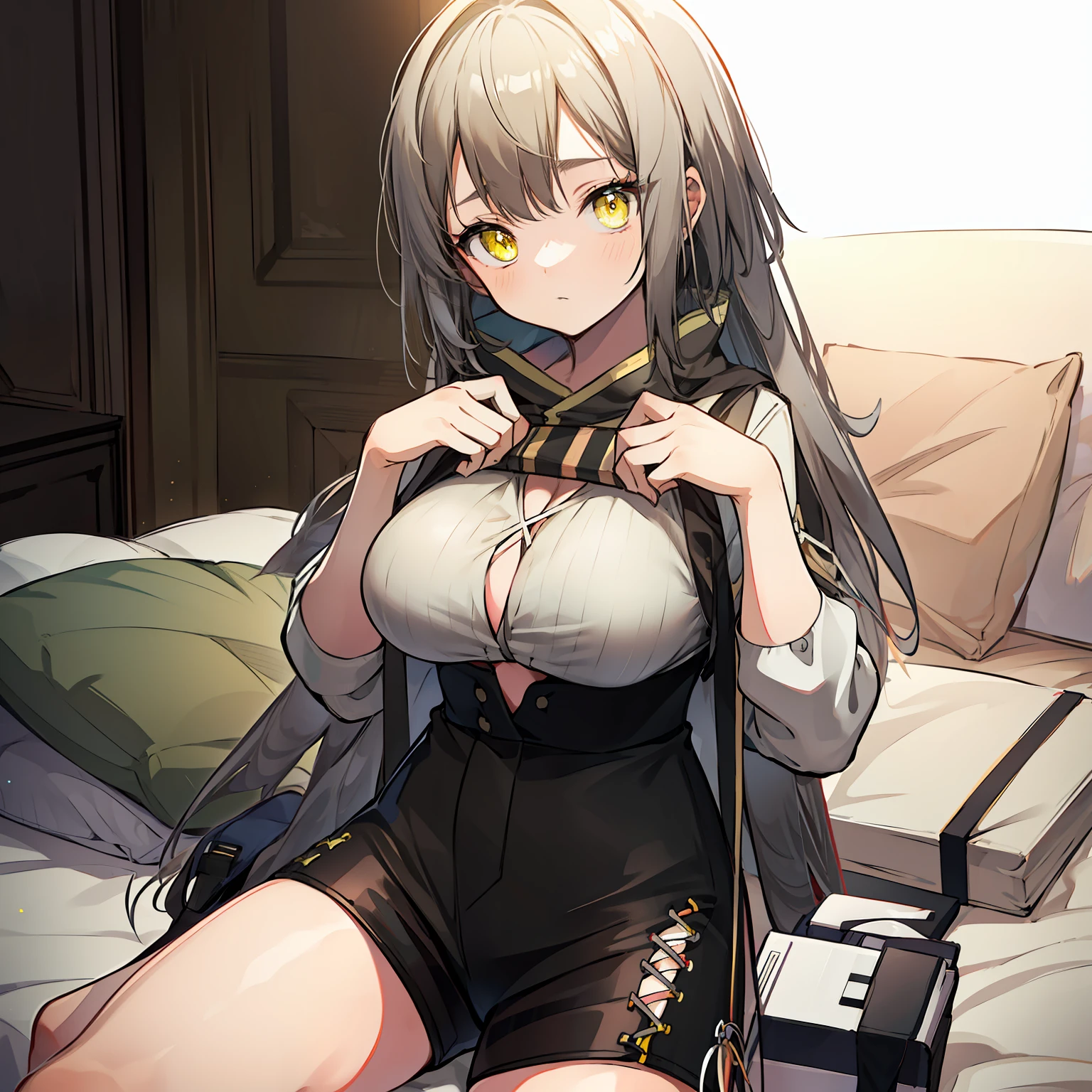 grey long hair，Yellow eyes，Childlike big breasts，White vertical striped shirt，Black shorts，Bigchest，Loli height，teens girl，adolable，solo person，Delicate picture，High picture quality，1girll,, (Masterpiece), 4K, 8K, A high resolution, high resolution, Beautiful feet, anime big breast, Amazing, Girl, Detailed，adolable，A shy look，sit on a bed，Hazy beauty