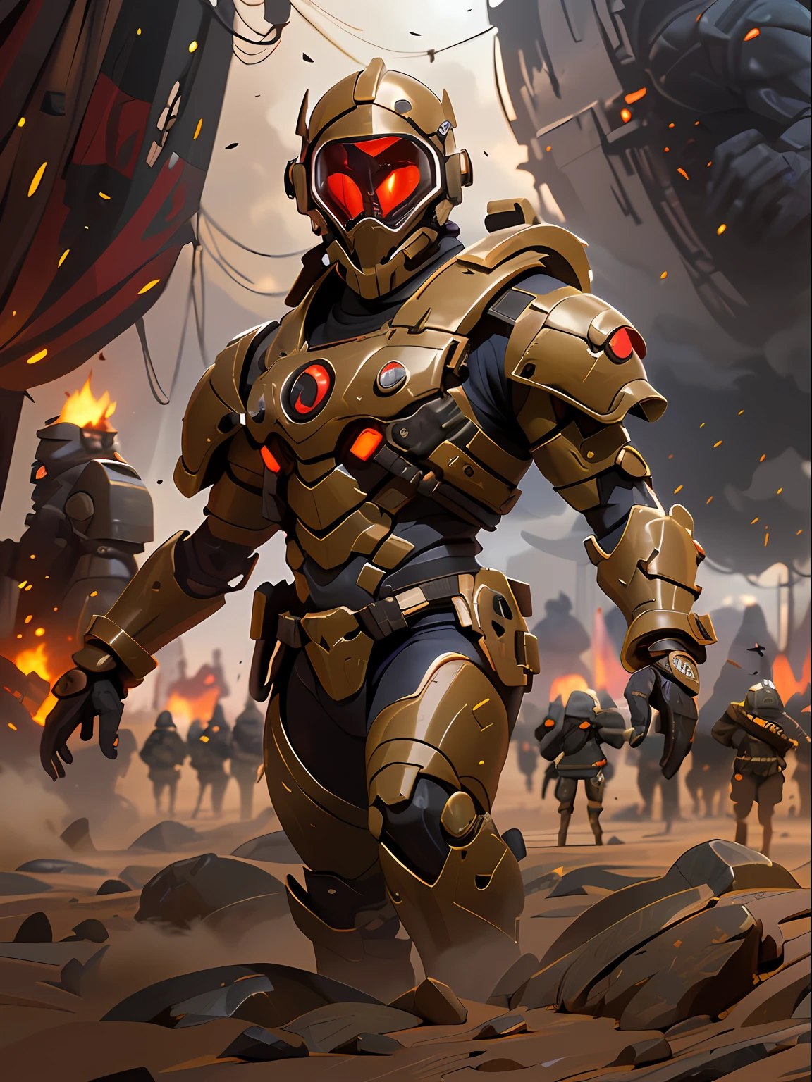 Future Battlefield, Alien Civilization War, Gunsmoke fills, A red flag was planted on a small mound, A soldier in armor, full armour, The background is the army of the SA, The picture is stunning, Magnificent, Magnificent, in the style of futuristic, Ultra-wide angle, Masterpiece, ccurate, Anatomically correct, Super detail, Award-Awarded