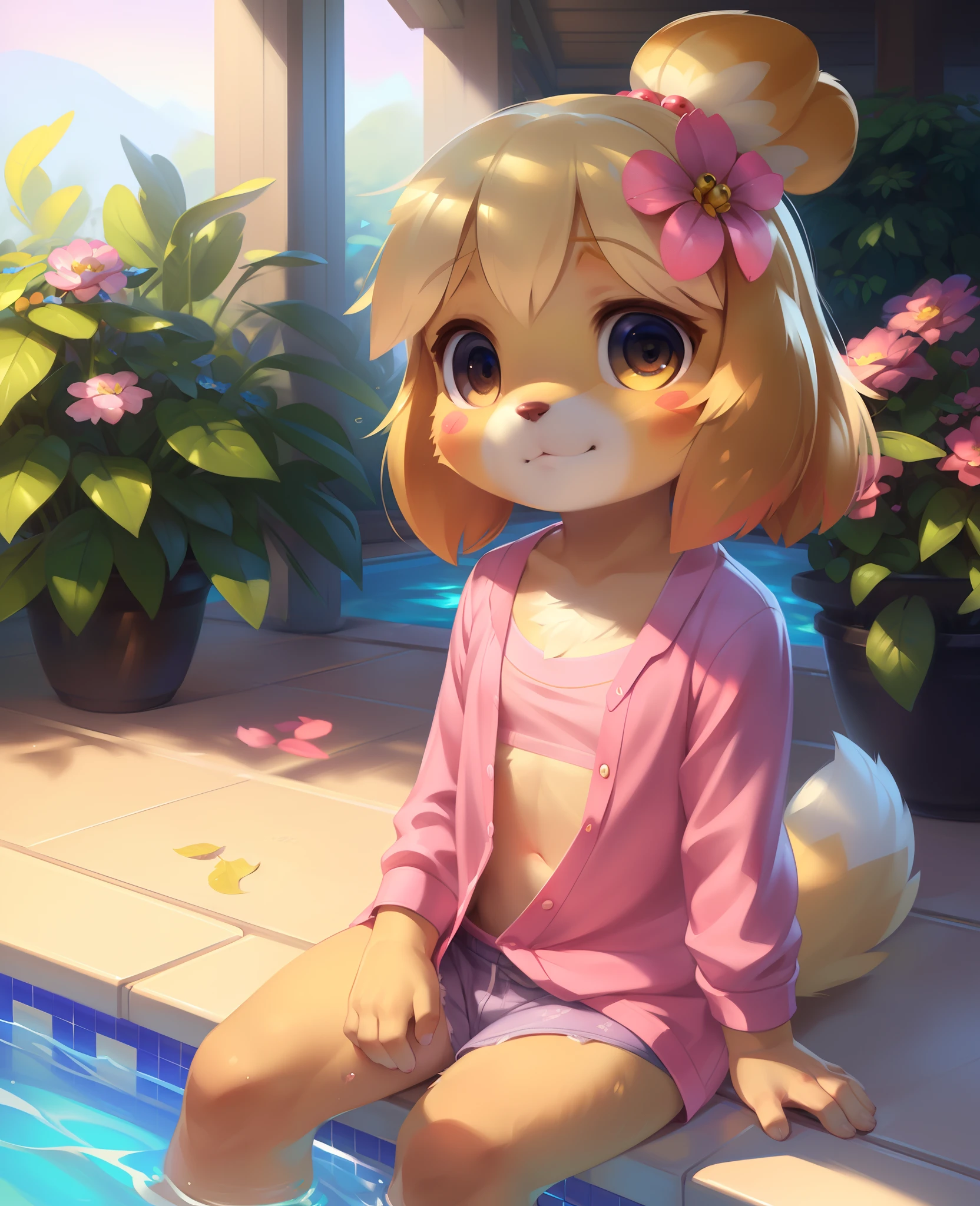 uploaded on e621, ((by Pino Daeni, by Ruan Jia, by Fumiko, by Levelviolet, by Supplesee)), kemono, dagasi, solo female isabelle \(animal crossing\) in animal form with tiny and short body with yellow fur (wearing pink shirt:1.4) with leaf patterns and (no pants:1.4) and white belly and top knot and (bells:1.2), ((feral)), ((small breasts)), (detailed fluffy fur), (half-lengthportrait, front view, looking at viewer), BREAK, (sitting in hotel swimming pool bench with plant and flower), (spread legs), (detailed background, depth of field, half body shadow, sunlight, ambient light on the body), (intricate:1), (high detail:1.3), (unreal engine:1.2), (soft focus:1.15), [explicit content, questionable content], (masterpiece, best quality, 4k, 2k, shaded, absurd res)