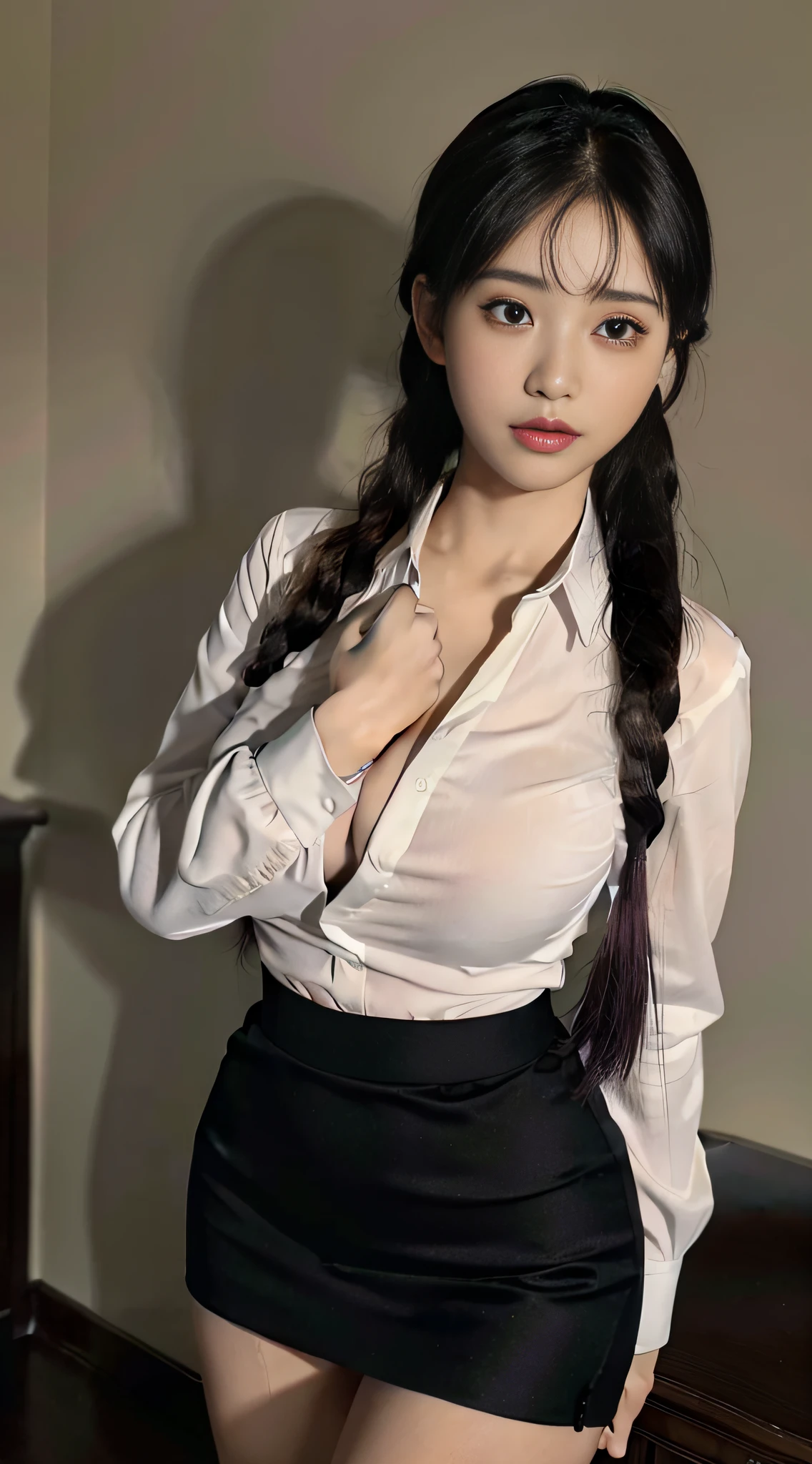((Masterpiece)),((Best quality)),Ultra-detailed,illustratio,Explicit,Beautiful body,Beautiful nose,Beautiful character design,Perfect eyes,Perfect face,the wallpaper,超高分辨率,4K,Photography,(Beautiful,Large breasts:1.5),(Beautiful face:1.2),Beautiful legs,Perfect legs,NSFW,full bodyesbian,Shiny skin,Turin Sukumi, 1girll, underwear, Panties, Breasts, Skirt, Red panties, Solo, Green eyes, shirt, Braid, Long hair, Purple hair, White shirt, Clothes lift, Skirt lift, Black skirt, Blush, Single braid, lifted by self, Collared shirt, braidedponytail, bangs, cleavage, Long sleeves, Closed mouth, view the viewer, Thighs, Miniskirt, Dress shirt, standing, side locks, Cowboy shot, Indoors, scowling, From below, pencil skirts, Carmelto, pantyshot, ,
