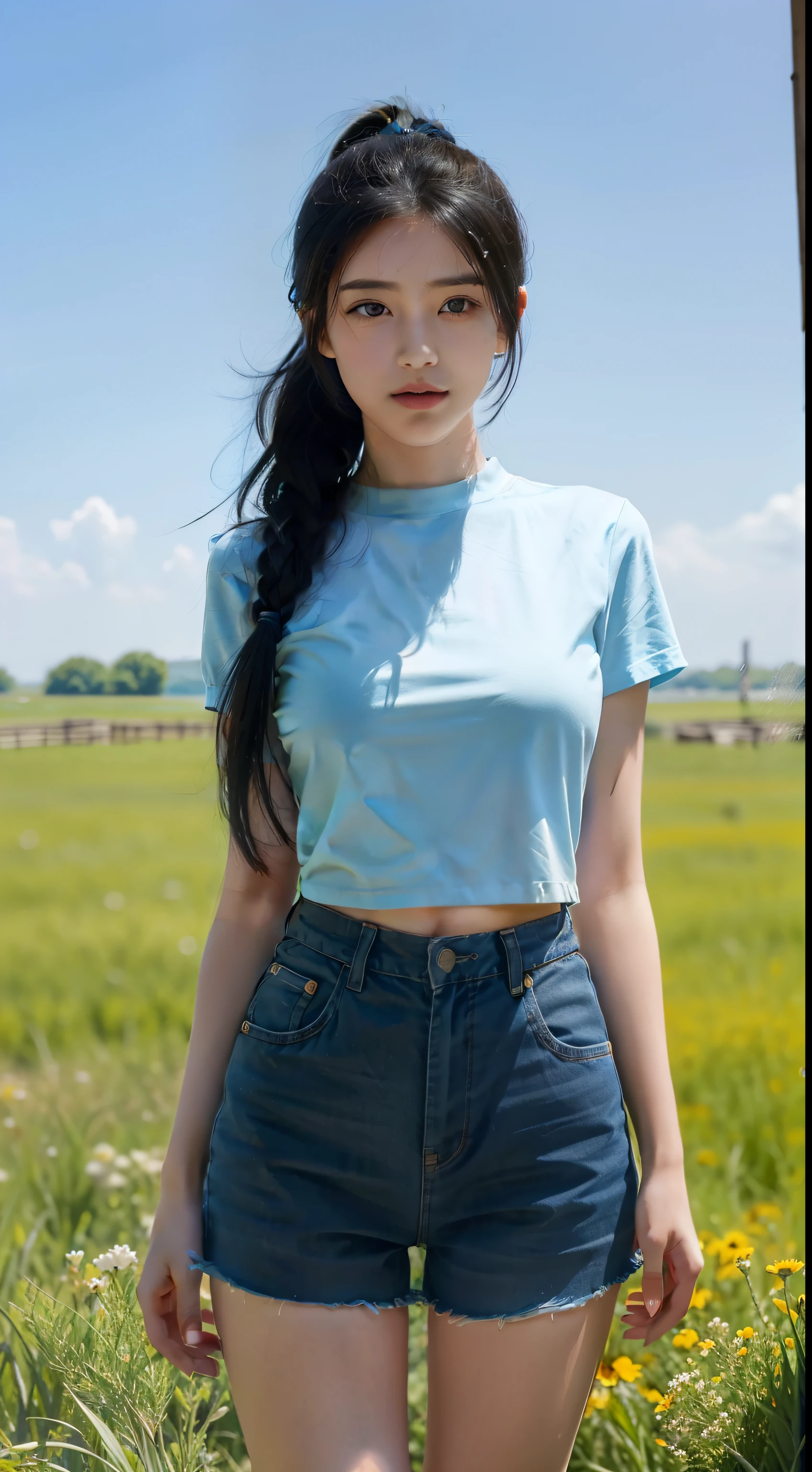 A beautiful girl，On the prairie，blue color eyes，Black hair，With ponytail hair，Ultra shorts，blue short sleeves，Standing，32K Ultra HD quality，The world's clearest picture quality，huge tit，Slim figure，Full of detail，detail-rich，4k画质，1080p.and the sun was shining brightly，Breeze in the wind，