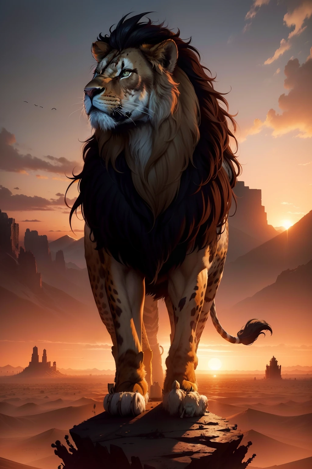 Araffe stands on a pile of bones with the sunset in the background., Detail drawings by Derek Zabrocki, shutterstock contest winner, romantic, Lord of the Beast., Complex and grand composition., king of the jungle, Amazing cinematic composition, King in the Desert, Doomsday settings, badass composition, With the mane of a lion., Lion Warrior 8k,
