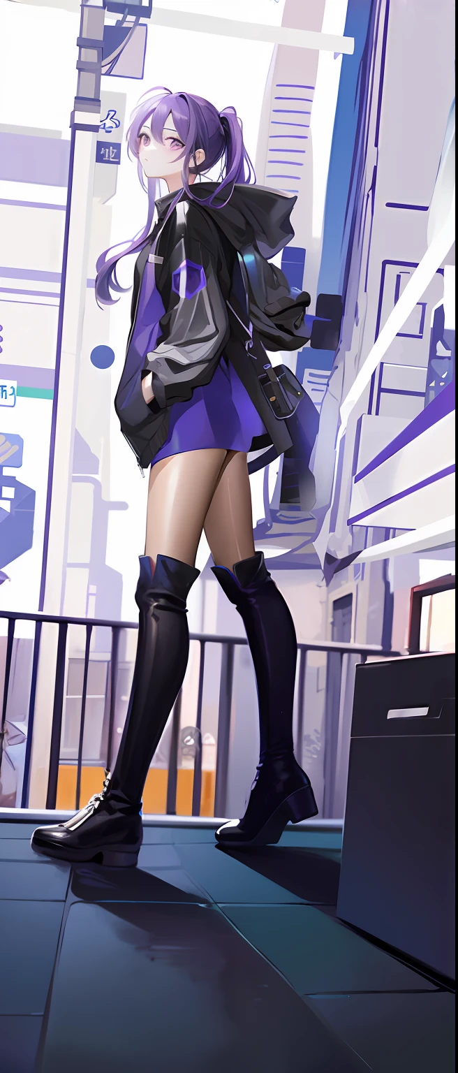 （（（（（Masterpiece illustration）））），Highest quality character design，black long boots，（（（独奏）））， ，Technical personnel，Tall，Walk on the city floor，Beautiful legs