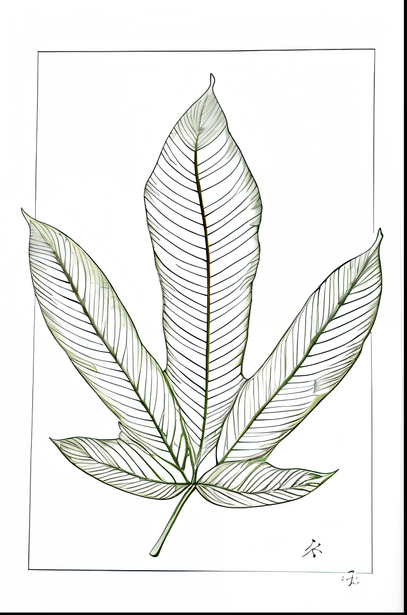 Close-up of thick-leaved plant line drawing of banyan tree,The leaves are palm-shaped,White background,Mono Color,Line drawings,tmasterpiece,Need