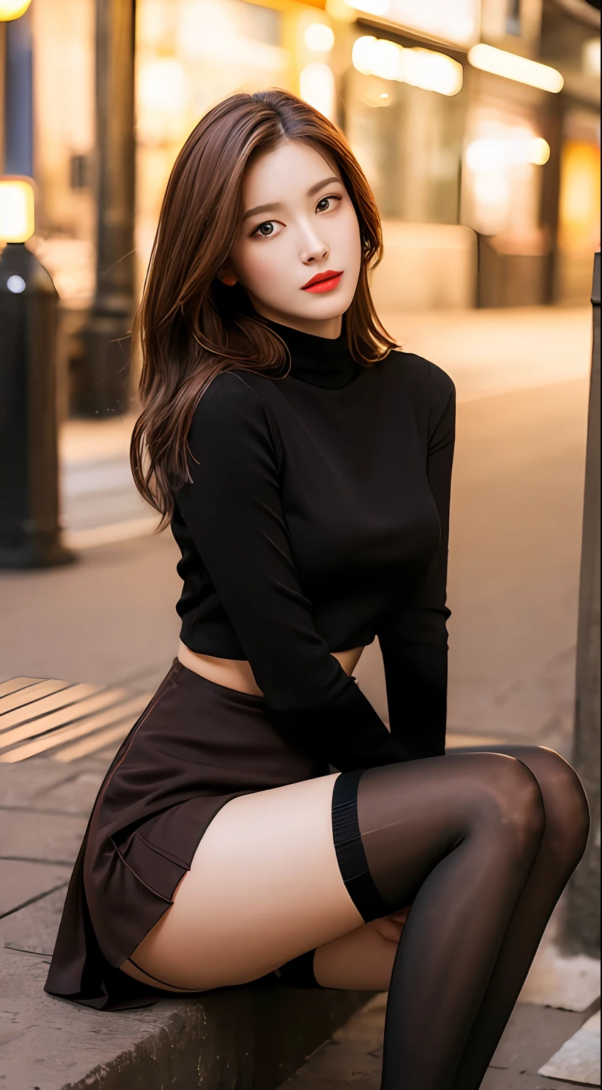 ((Realistic lighting, Best quality, 8K, Masterpiece: 1.3)), Focus: 1.2, 1girl, Perfect Figure: 1.4, Slim Abs: 1.1, ((Dark brown hair)), (Red dress: 1.4), (Outdoor, Night: 1.1), City streets, Super fine face, Fine eyes, Double eyelids, (Over-the-knee black stockings: 1.5)