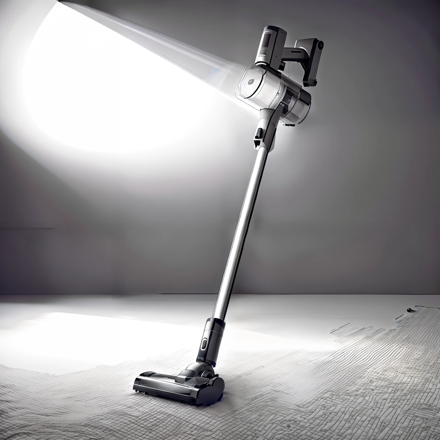 （Schematic diagram of vacuum cleaner products），（In the living room in modern minimalist style），（Cat in the living room），（The living room has a gray carpet），（Morning sun），Bright surroundings，fotografia do produto，commerciaphotography，Photorealsitic，complexdetails，4K，，Hyper-realistic