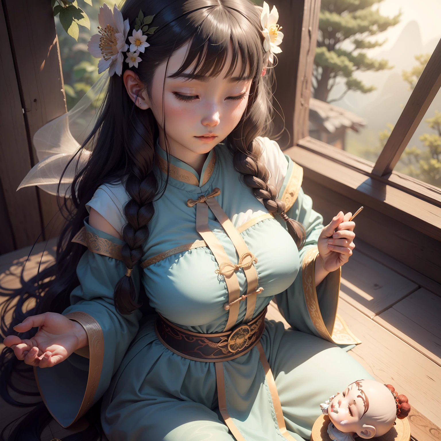 comic strip，faeries，flowy，Big head doll，A meditative，the detail，Detailed pubic hair，16k，plain face，Chinese big breasts，Meditate，Feixian hairstyle，Low H，Hanfu，Women's clothing，Light color，A peaceful look，self - portrait