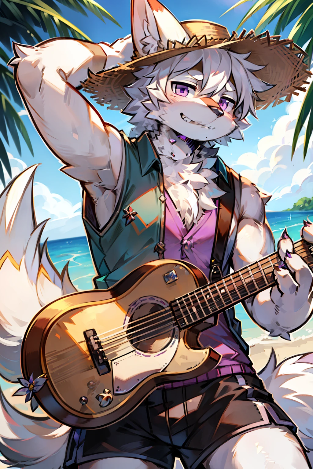 solo person,shaggy male,hairy bodies,shoun,coyote,canid,Gray fur,long white hair,The ends of the hair are purple,Purple eye,Bullied,adolable,Handsome,large tail,full bodyesbian,Play acoustic guitar,Summer vest,Summer shorts,Straw Hat Hat,freshen,rays of sunshine,with dynamism