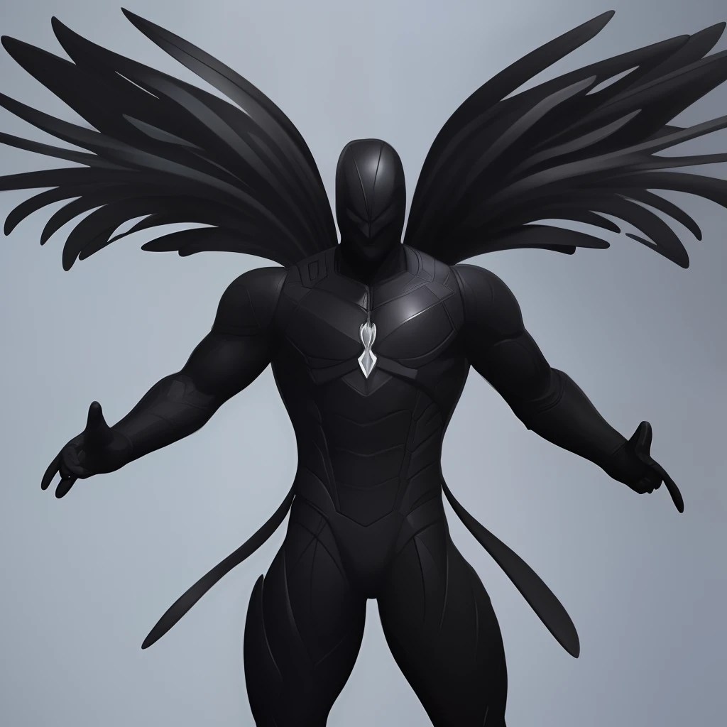 a black (noir) faceless humanoid male with giant wings, semi naked, muscular, in a colorful garden, garden background, horror entity with wings, male aeromorph, symmetrical epic dark fantasy creature, huge wings, wispy gigantic wings, dark feathered wings, winged boy, massive wing, (best quality), (masterpiece), no clothing, no horns, 4k, high detailed, cinematic , digital art, trending artstation