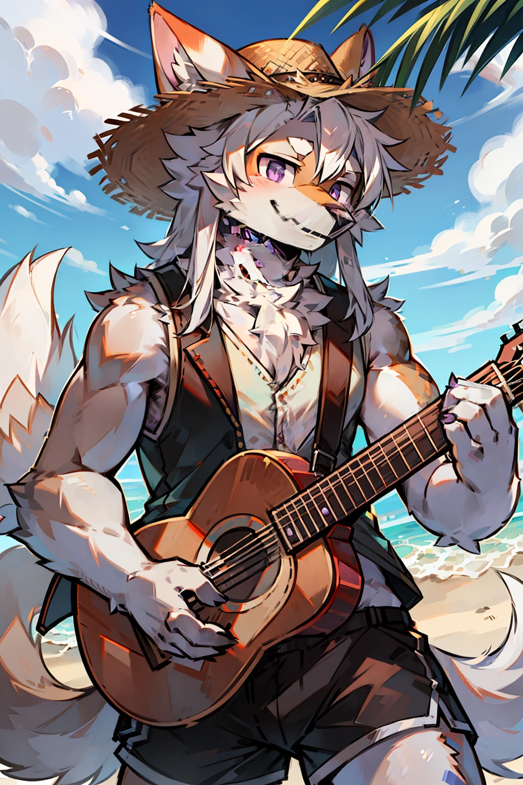 solo person,shaggy male,hairy bodies,shoun,coyote,canid,Gray fur,long white hair,The ends of the hair are purple,Purple eye,Bullied,adolable,Handsome,large tail,full bodyesbian,Play acoustic guitar,Summer vest,Summer shorts,Straw Hat Hat,freshen,rays of sunshine,with dynamism