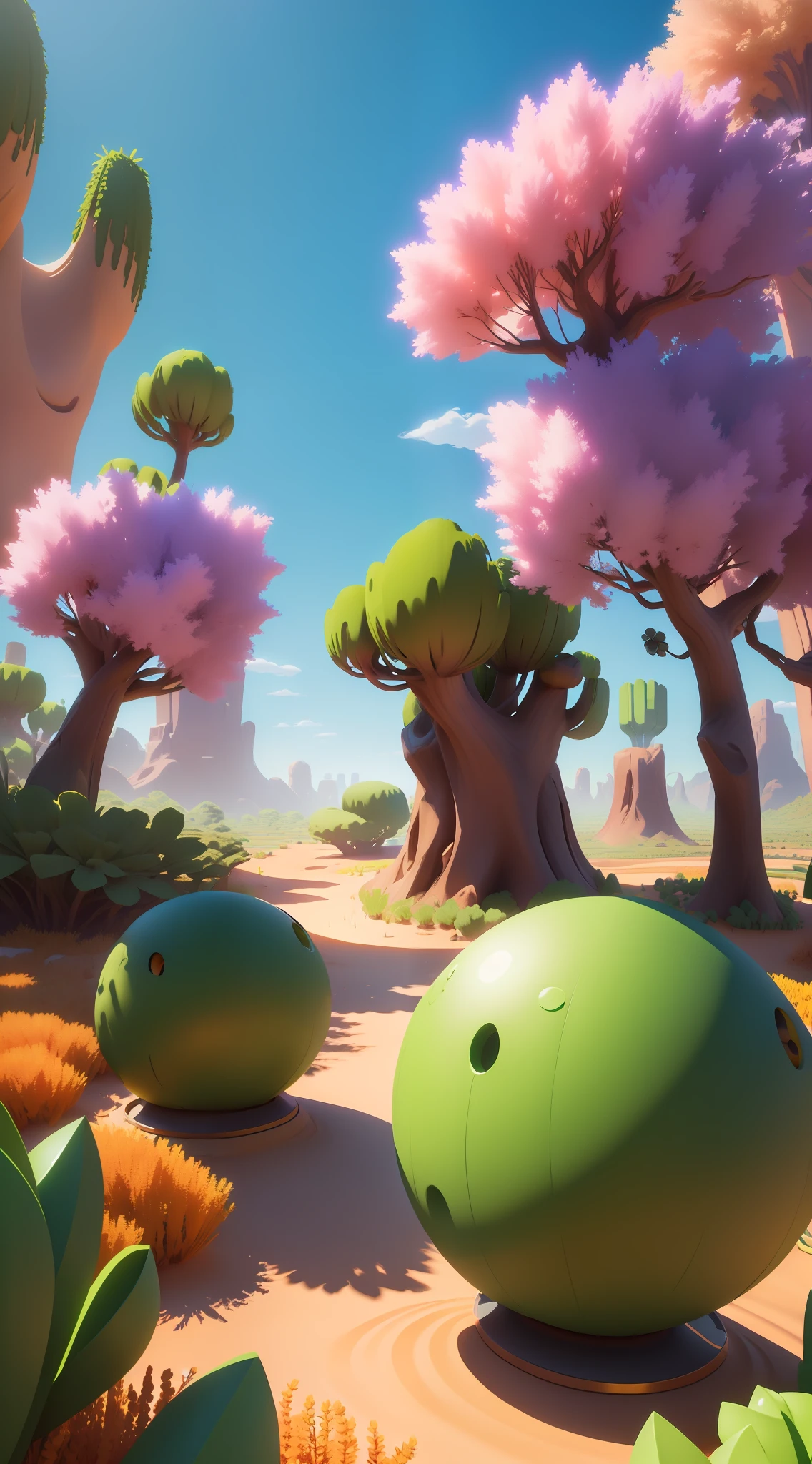 Overall green style，Three-dimensional is more three-dimensional，Close-up of cartoon characters in a flower field, Mobile game background, 3 d stylize scene, 3 d render stylized, Stylized 3 D, fantasy desert crystal island, mobile game asset, candy forest, stylized 3d render, violet battlefield theme, stylized as a 3d render, 8K high quality detailed art, Stylized game art，Dream imagination scenes