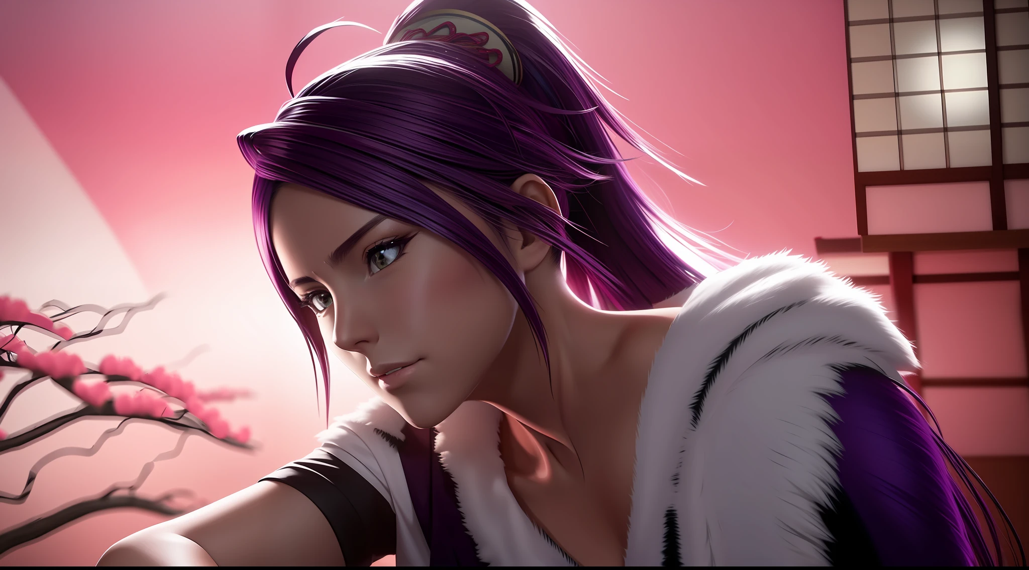 focused upper body, 1 girl, yoruichi shihoin, big breast, sparkling eyes, (((japanese room background))), Colorful beautiful girl: ponytail dark purple hair, nice perfect face with soft skinice perfect face, intricate detail, splash screen, 8k resolution, masterpiece, artstation digital painting smooth, 8k resolution photorealistic masterpiece, professional photography, natural lighting, volumetric lighting maximalist photoillustration: by marton bobzert