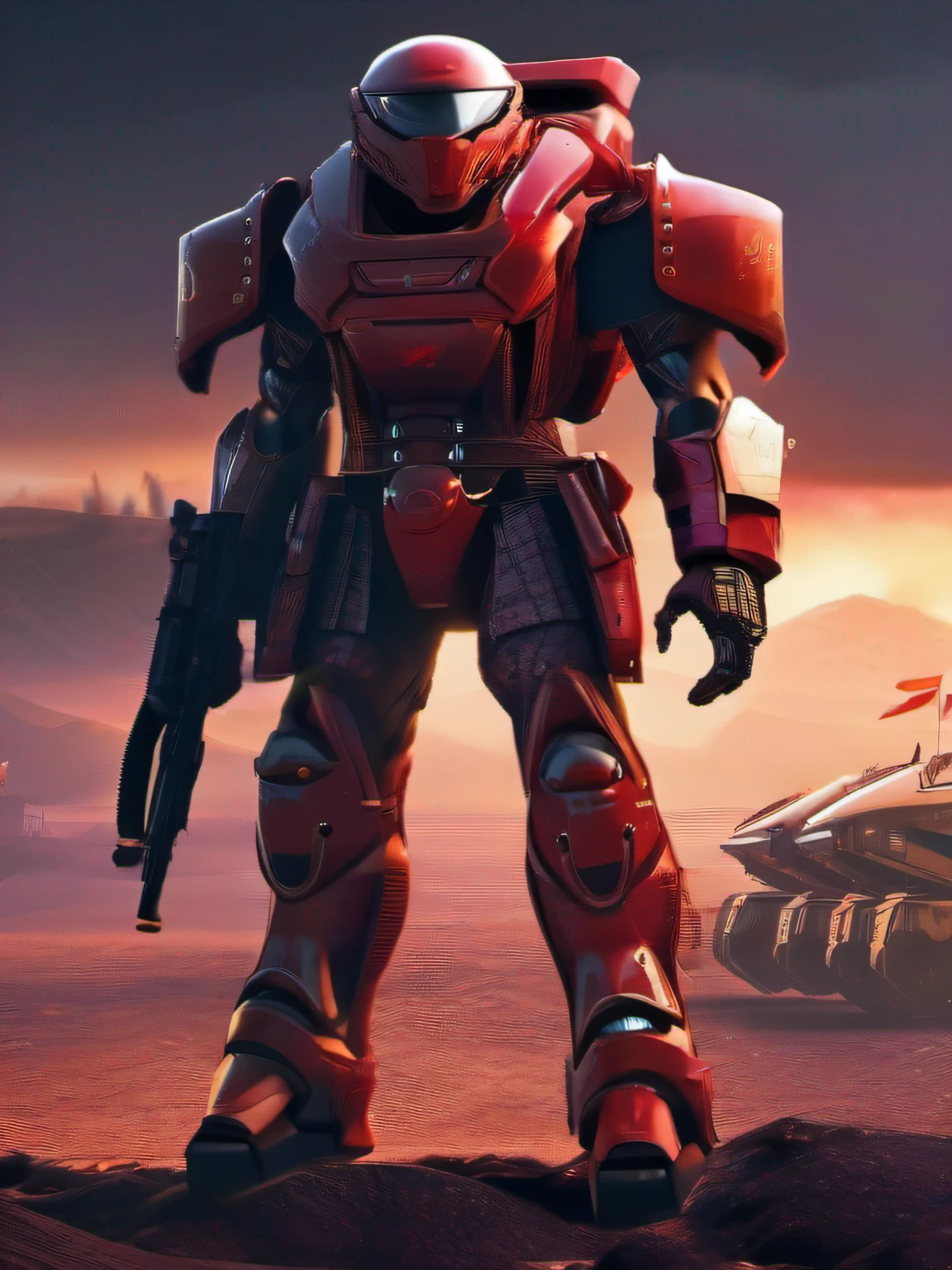 Future Battlefield, Alien Civilization War, Gunsmoke fills, A red flag was planted on a small mound, A soldier in armor, full armour, The background is the army of the SA, The picture is stunning, Magnificent, Magnificent, in the style of futuristic, Ultra-wide angle, Masterpiece, ccurate, Anatomically correct, Super detail, Award-Awarded