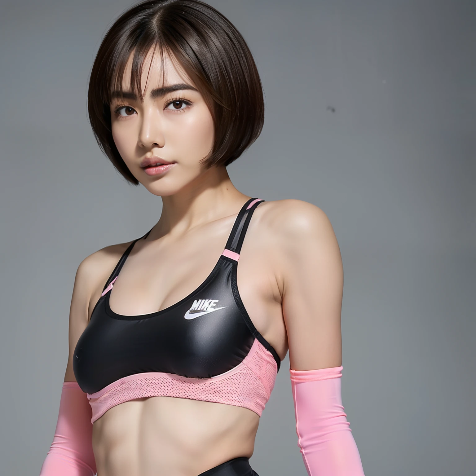 (solo), (a detailed full body RAW photo of a girl), (masterpiece:1.0), (best quality:1.4), (ultra highres:1.2), (photorealistic:1.4), 8k resolution, Canon EOS R5, 30mm, absurdres, ultra detailed, (30 year old), sharp focus, cinematic lighting, detailed beautiful face, (no make up:1.2), (ulzzang-6500-v1.1), petite figure, detailed skin texture, flat chest, (skinny and fit body:1.6), detailed brown hair, sweltering,(very short hair:1.5), (pink and black very thin nike Competitive sports bra and spandex tights:1.5), see-through, realistic glistening skin, (sweating:1.2), detailed nipples texture, (japanese athlete:1.5), (flat chest:1.2), (full body:1.5), (looking back:1.5), (hip fourcus), humid, (erect nipples:1.2),