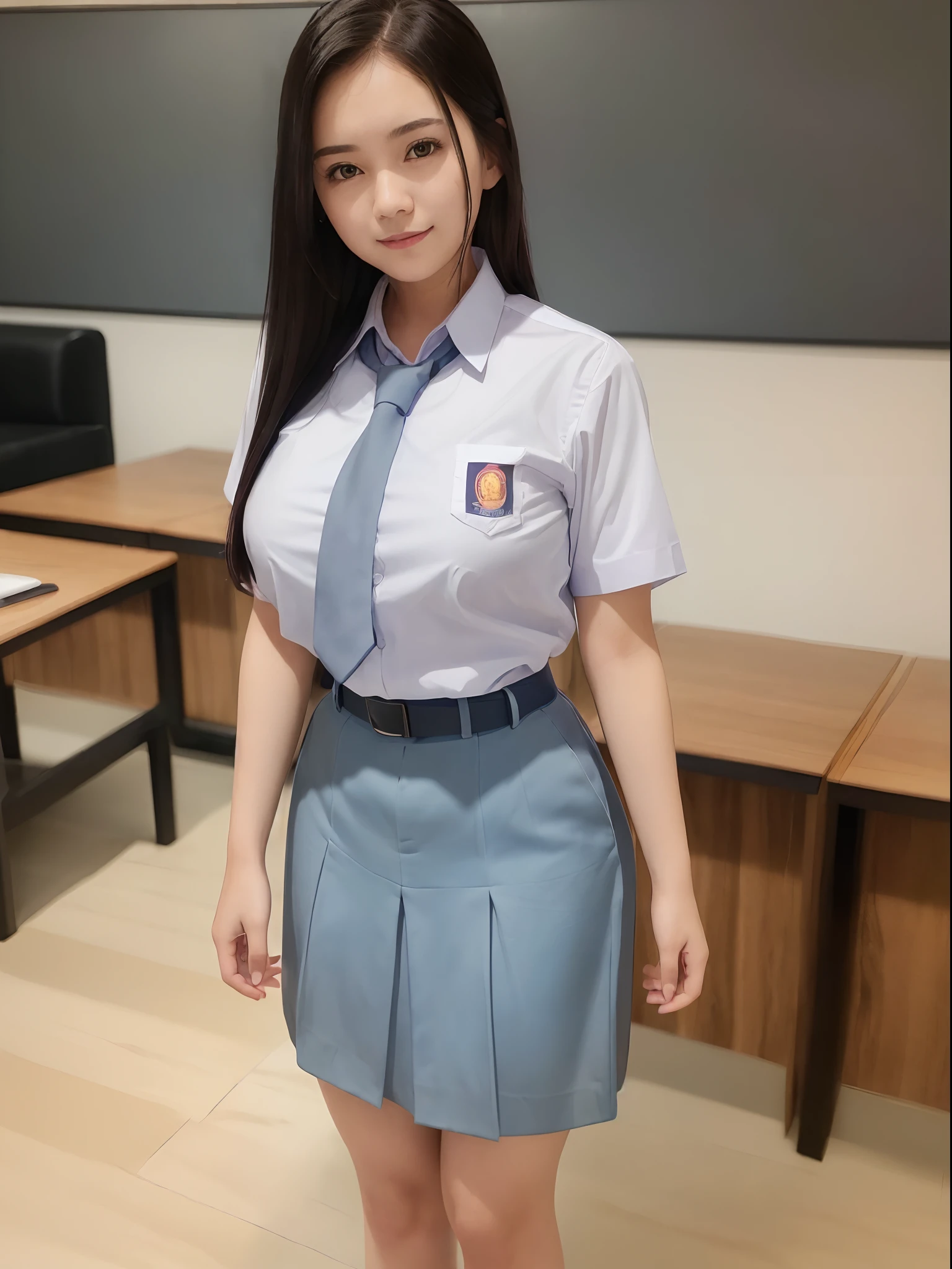 (realistic:1.3), insane detailed, quality, (masterpiece:1.2), (photorealistic:1.2), (best quality), (detailed skin:1.3), (intricate details), ray tracing, ((half body)), (((1girl))), (((1 person))), , hair tied, smile, huge breasts, high school uniform, tie, school badge, long skirt, belt, classroom, whiteboard, (blurred background)