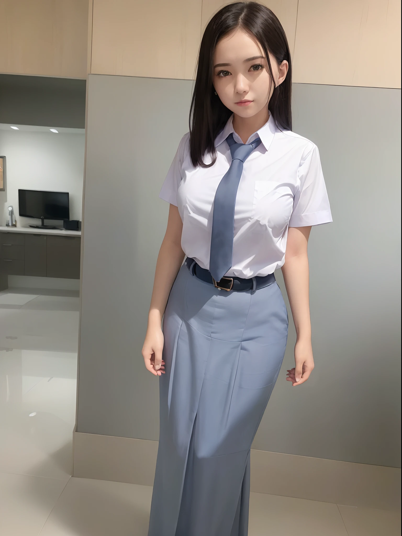 (realistic:1.3), insane detailed, quality, (masterpiece:1.2), (photorealistic:1.2), (best quality), (detailed skin:1.3), (intricate details), ray tracing, ((half body)), (((1girl))), (((1 person))), 17 years old, short hair, huge breasts, high school uniform, tie, school badge, long skirt, belt, school field, (blurred background)