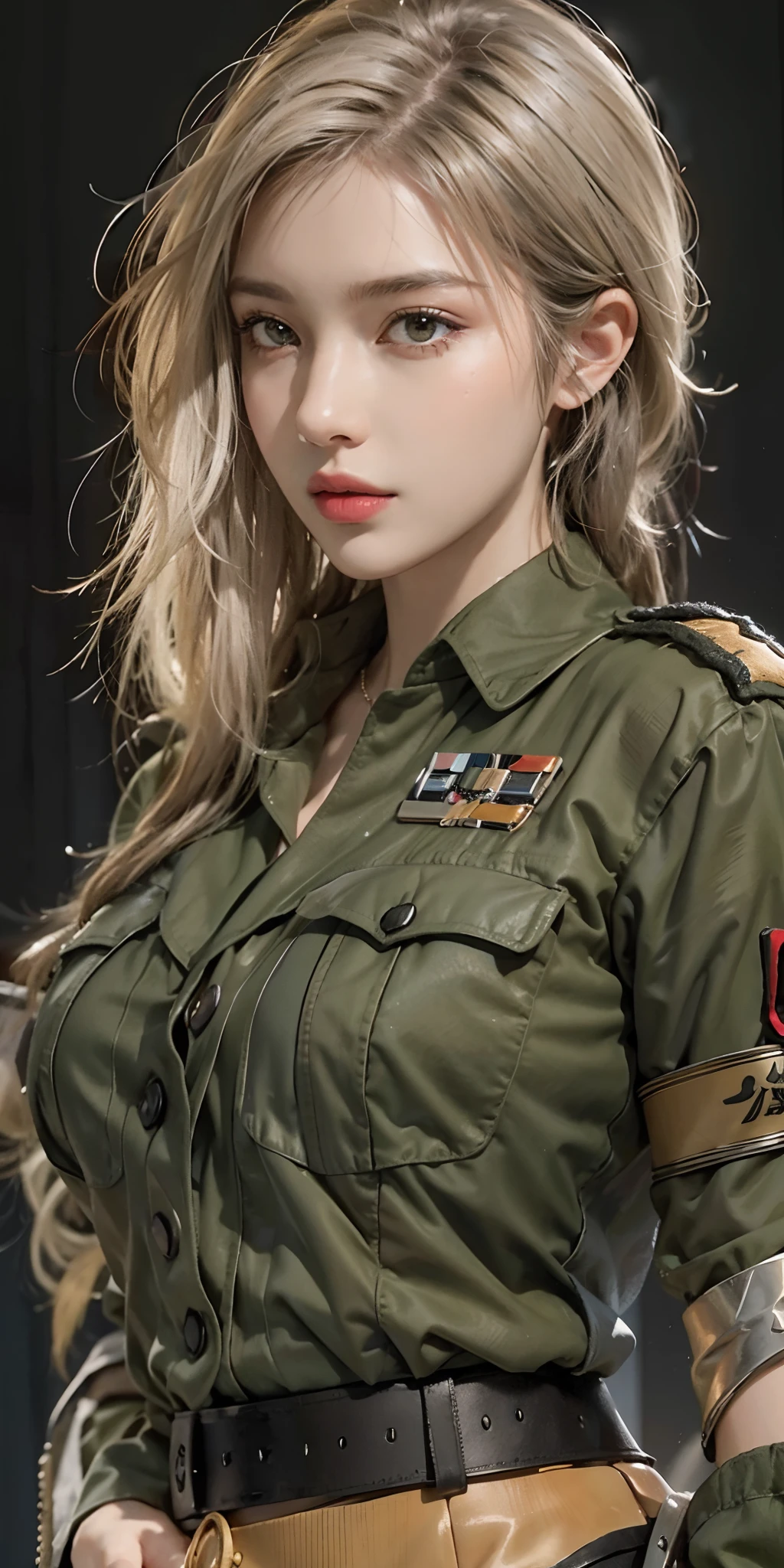 Photorealistic, high resolution, Soft light,1womanl, Solo, Hips up, (Detailed face),tattoo, jewelry, Badge, tiese, German/(army suit/), pencil skirts