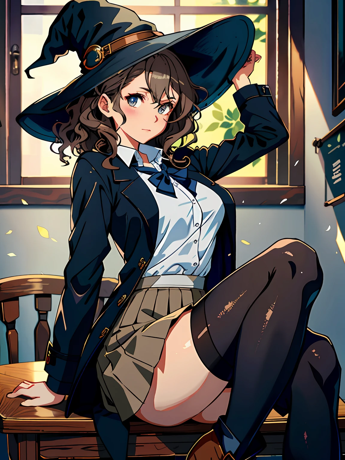 Perfect anime illustration, 1girll, Dark gray hair, Curly hair, matching hairstyle, browneyes, inquisitive，curiosity，Pleasure, ((matching outfits, Light brown transparent student uniform shirt，Uniform skirt，Dark brown detective style coat，Leather booties)), matching hairstyle, Fantastic stylistic foundation，A dragon hovered behind the girl，Cross legs，（Where one leg is folded over the other），Lady，Dark blue pantyhose, A high resolution, full bodyesbian, Pose，Raised sexy，sexyposture （（（tmasterpiece），（Very detailed CG unity 8k wallpaper），best qualtiy，，独奏，1girl，cinmatic lighting，detailed back ground，beatiful detailed eyes，Bright pupils，（very fine and beautiful），（Beautiful and detailed eye description），ultra - detailed，tmasterpiece，）），witch，witch hat，Dragon's horn，mmorpg，nipple play，Game panel，Game perspective
