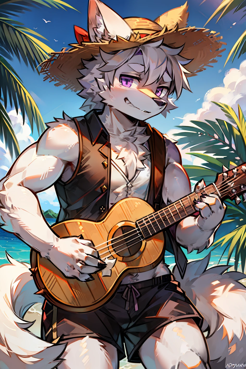 solo person,shaggy male,hairy bodies,shoun,coyote,canid,Gray fur,long white hair,The ends of the hair are purple,Purple eye,Bullied,adolable,Handsome,large tail,full bodyesbian,Play ukulele,Summer vest,Summer shorts,Straw Hat Hat,freshen,rays of sunshine,with dynamism