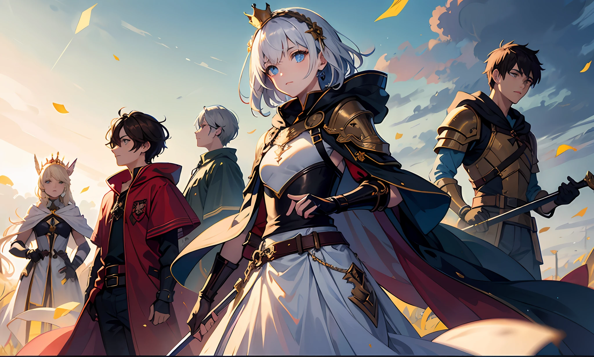 (masterpiece, top quality, best quality, official art, beautiful and aesthetic:1.2),weapon, sword, holding, multiple girls, blue eyes, long hair, looking at viewer, armor, fingerless gloves, holding weapon, gloves, holding sword, standing, hair ornament, bangs, multiple boys, capelet, 6+girls, braid, dress, black gloves, own hands together, serious, glowing, closed mouth, backlighting, long sleeves, shoulder armor, short hair, hair flower, floating hair, white hair, flower, white dress, belt, robe, hair between eyes, crown braid, 6+boys, brown hair, gauntlets, jewelry, pauldrons, hands on hilt, hood, two-handed, wide sleeves, light particles