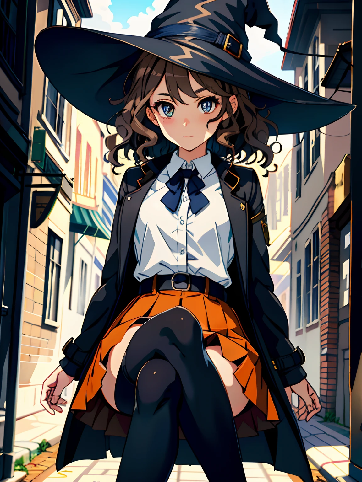 Perfect anime illustration, 1girll, Dark gray hair, Curly hair, matching hairstyle, browneyes, inquisitive,curiosity,Pleasure, ((matching outfits, Light brown transparent student uniform shirt,Uniform skirt,Dark brown detective style coat,Leather booties)), matching hairstyle, Fantastic stylistic foundation,A dragon hovered behind the girl,Cross legs,(Where one leg is folded over the other),Lady,Dark blue pantyhose, A high resolution, full bodyesbian, Pose,Raised sexy,sexyposture (((tmasterpiece),(Very detailed CG unity 8k wallpaper),best qualtiy,,独奏,1girl,cinmatic lighting,detailed back ground,beatiful detailed eyes,Bright pupils,(very fine and beautiful),(Beautiful and detailed eye description),ultra - detailed,tmasterpiece,)),witch,witch hat,Dragon's horn,mmorpg,nipple play,Game panel,Game perspective