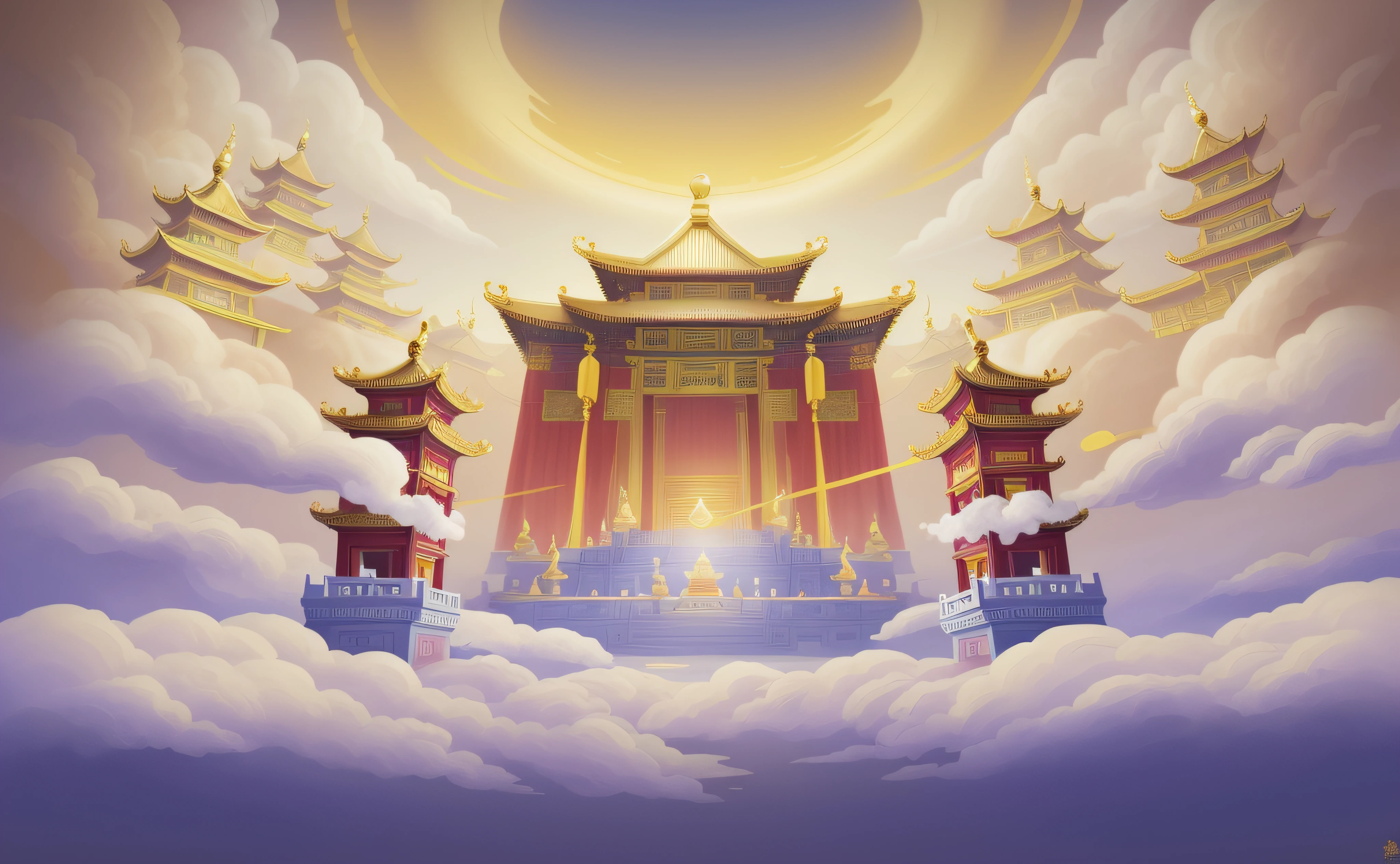 There is a painting of a Chinese building with a clock in the middle, palace, light kingdom background, temple background, art background, palace background, background depicting a temple, G Liulian art style, floating palace on spring mountain, background artwork,  Onmyoji Detailed Art, Mysterious Temple Scenes, Bright Golden Light, War, Ground