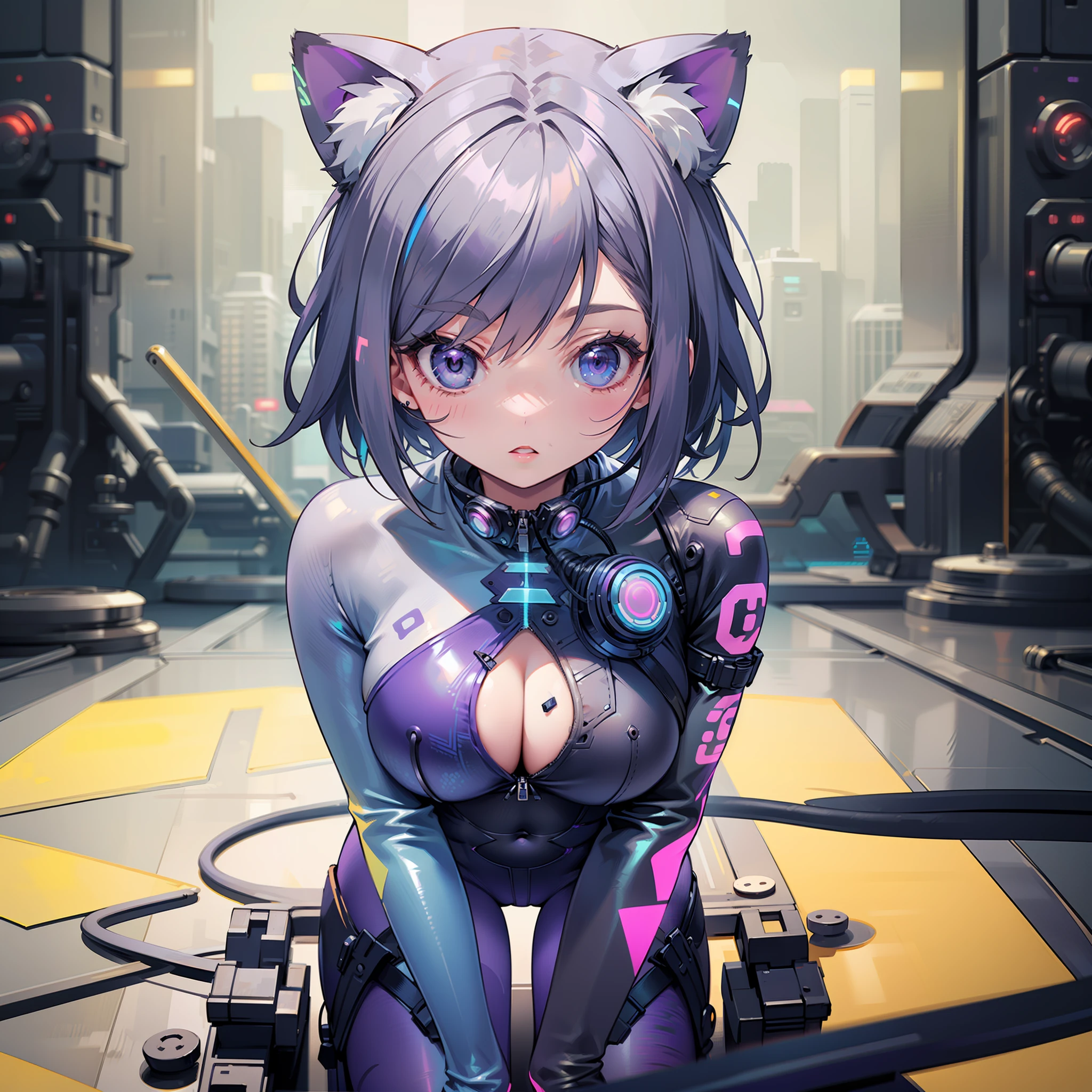 reelmech, (masterpiece:1.2, best quality),(((holographic metallic purple suit))) with buttons and cables, neon, realistic anime, (intricate details, depth of field, intense focus), (1girl, solo), heavy make up, parted lips, highly-detailed, perfect face, (big breasts:1.4), wide hips, small waist, tall, glossy coral lips, girl with black hair and a cat hat, anime style illustration, moe artstyle, wallpaper 8 k, digital illustration, beautiful catgirl, she wears a hoodie with animal ears and technowear technology, futuristic fashion in black and holographic colors, many details and buttons on it, cables coming out of the sleeves, the background is that of a simple pattern with cat motifs and paws, purple and black, black cat eyes, holographic, holo details, holographic shiny suit, gamma