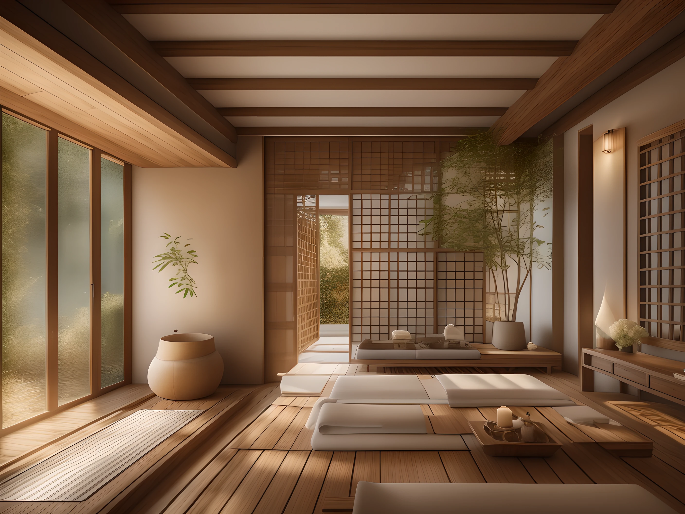 Tranquil Single Spa Treatment Room. Contemporary, Wabi-sabi style, Ambient Lighting, Plush Furnishings. Serene Atmosphere, with realistic bamboo forest views. Modern Lattice. Stucco Textured walls. Exposed wood beams , chinese roof. Sunken Onsen Pool. Natural Light. highest quality, ultra-realistic, photo-realistic, detailed. Vray lighting.