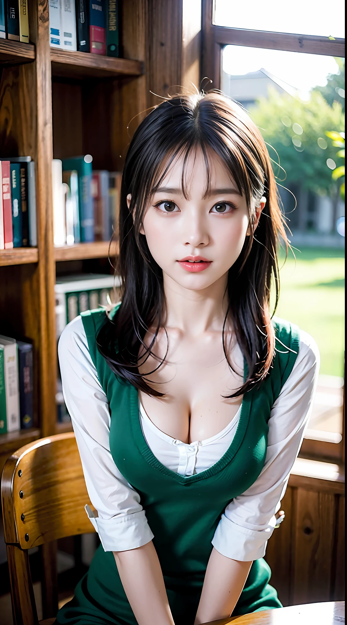 （realisticlying， A high resolution;：1.3）， 1 girl with a perfect body， Super fine face and eyes，long whitr hair， Vests of random colors：1.2， 校服， in library， Books on the table， tits huge，Cleavage exposure，（Eurasian jay：1.5）， closeup cleavage， tmasterpiece， best qualtiy， RAW photogr， realisticlying， face， Incredibly ridiculous resolution， depth of fields， A high resolution;， ultra - detailed， finedetail， very very highly detailed， Extremely detailed eyes and face， Sharp pupils， realistic student， Clear focus lock， cinmatic lighting, s whole body, Beautiful legs sexy clothes