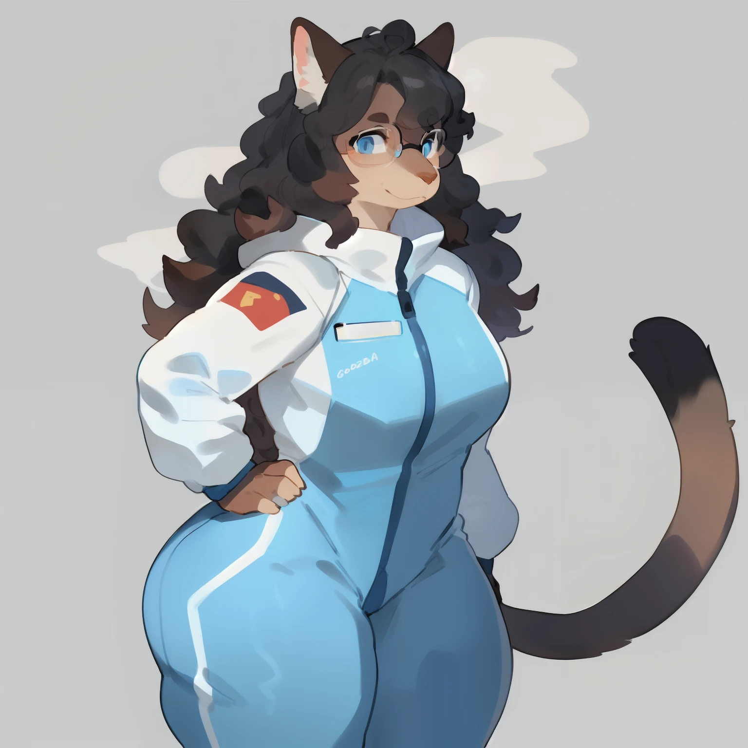 by bebebebebe, by goonie-san, by bigcozyorca, by buta99, solo, female, standing, feline, (((detailed eyes, glasses))), thick thighs, thicc, plump, medium hair, ((snout)), tail, smoky colored fur, brownish grey fur, black hair, ((wavy hair)), blue eyes, white spacesuit