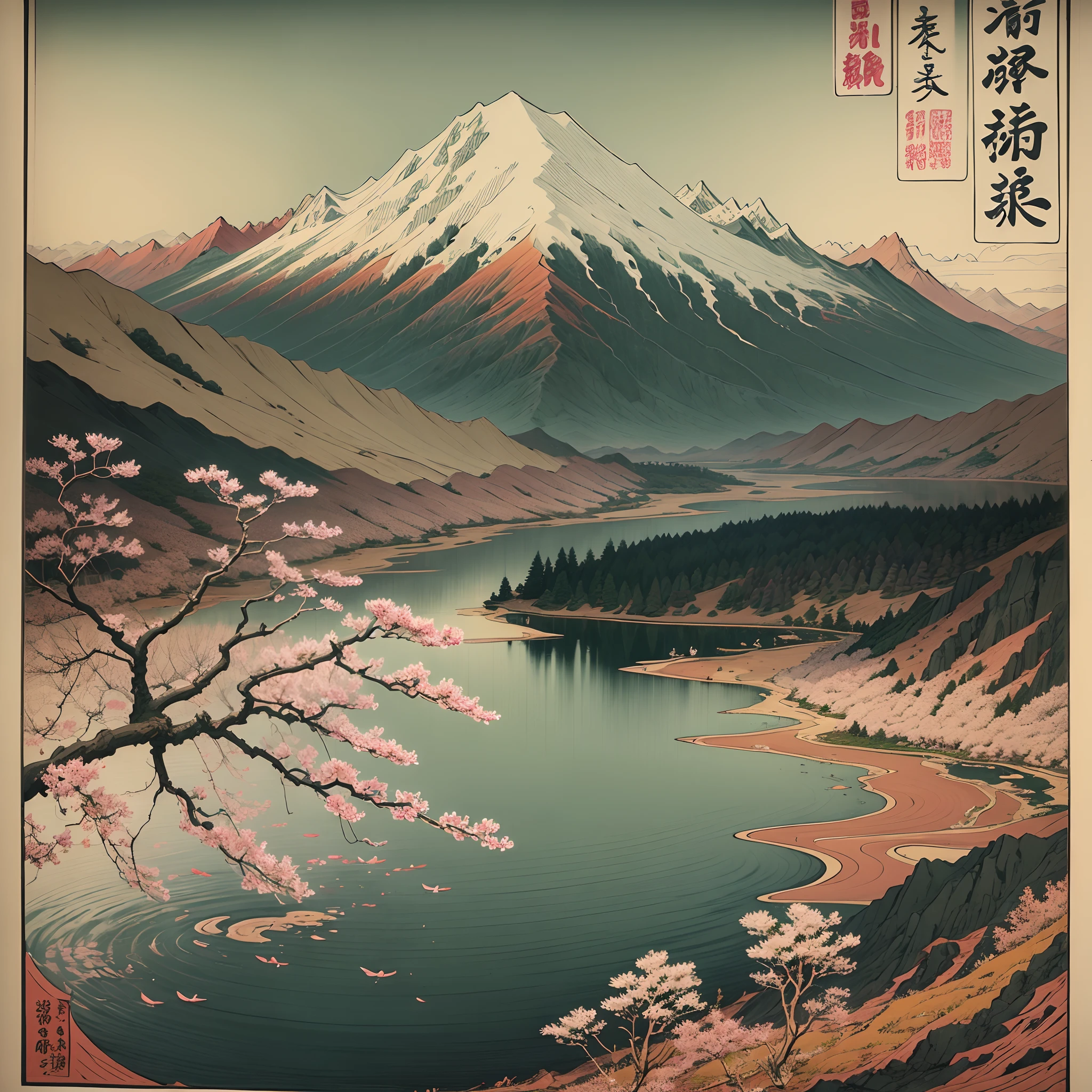 Utagawa Hiroshige style, amazing place, no humans, with water, montains, intrincate details,sakuras, --auto --s2